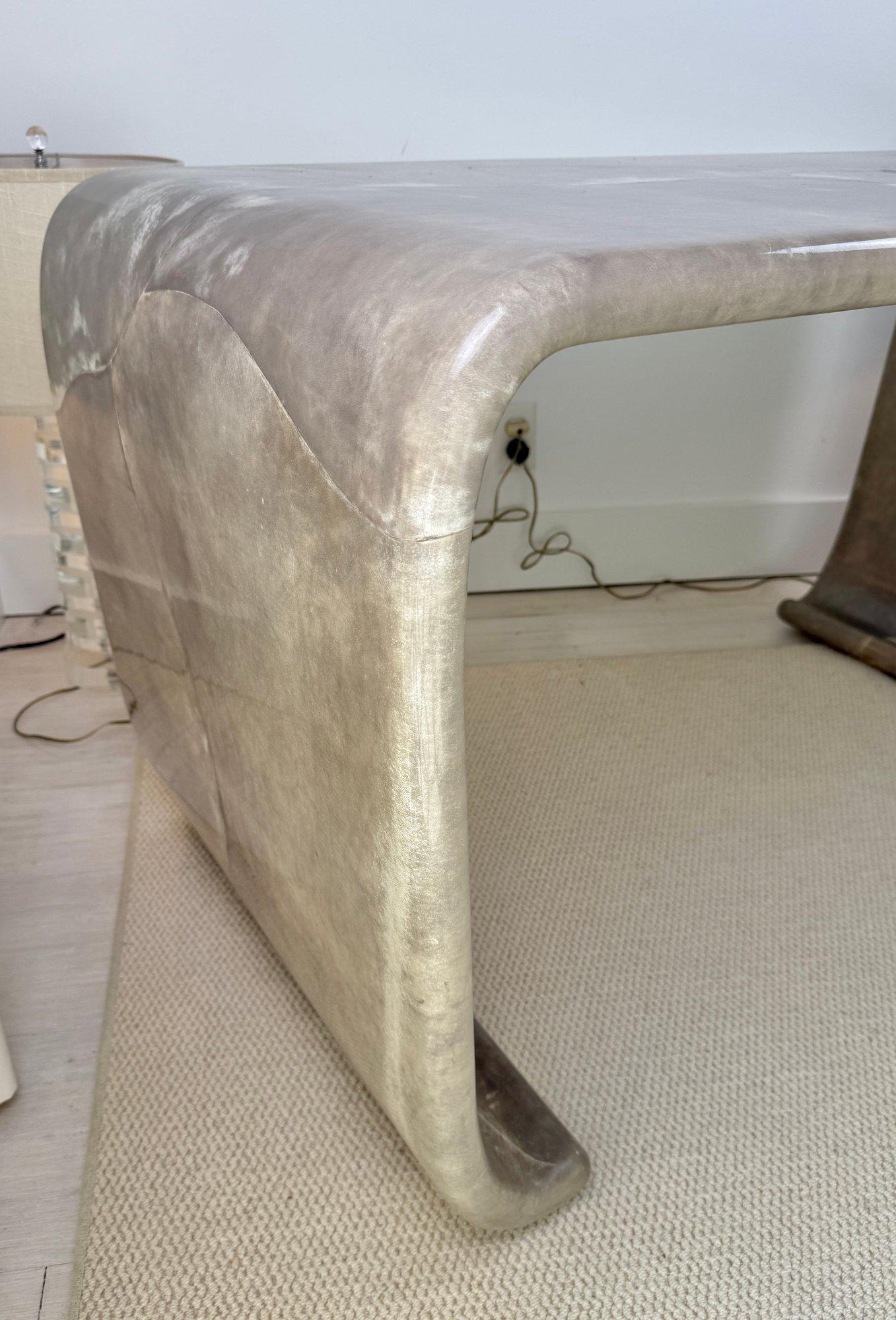 Mid-Century Modern Magnificent Karl Springer Waterfall Console Table in Gray Goatskin Mid-century For Sale