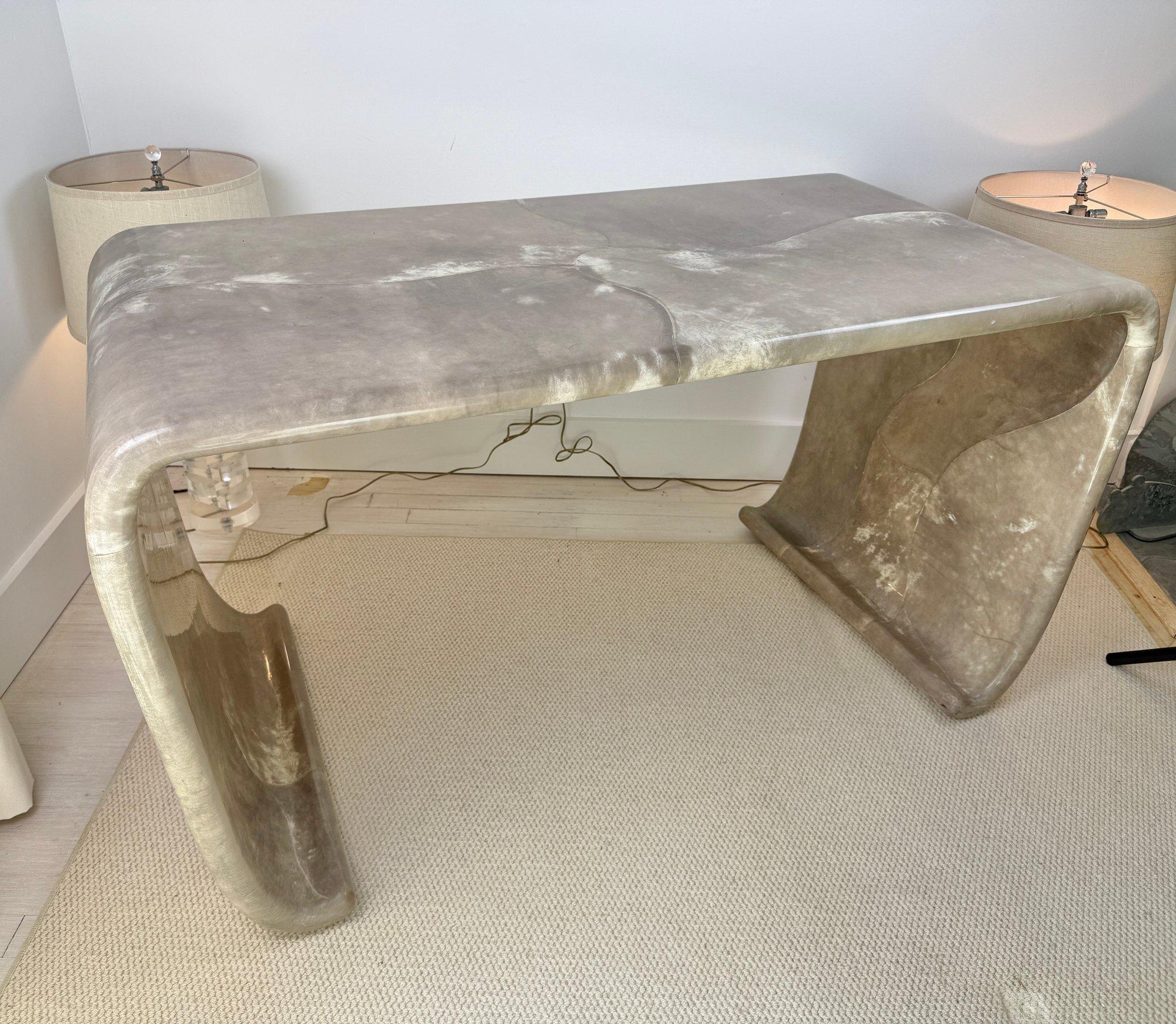 Late 20th Century Magnificent Karl Springer Waterfall Console Table in Gray Goatskin Mid-century For Sale