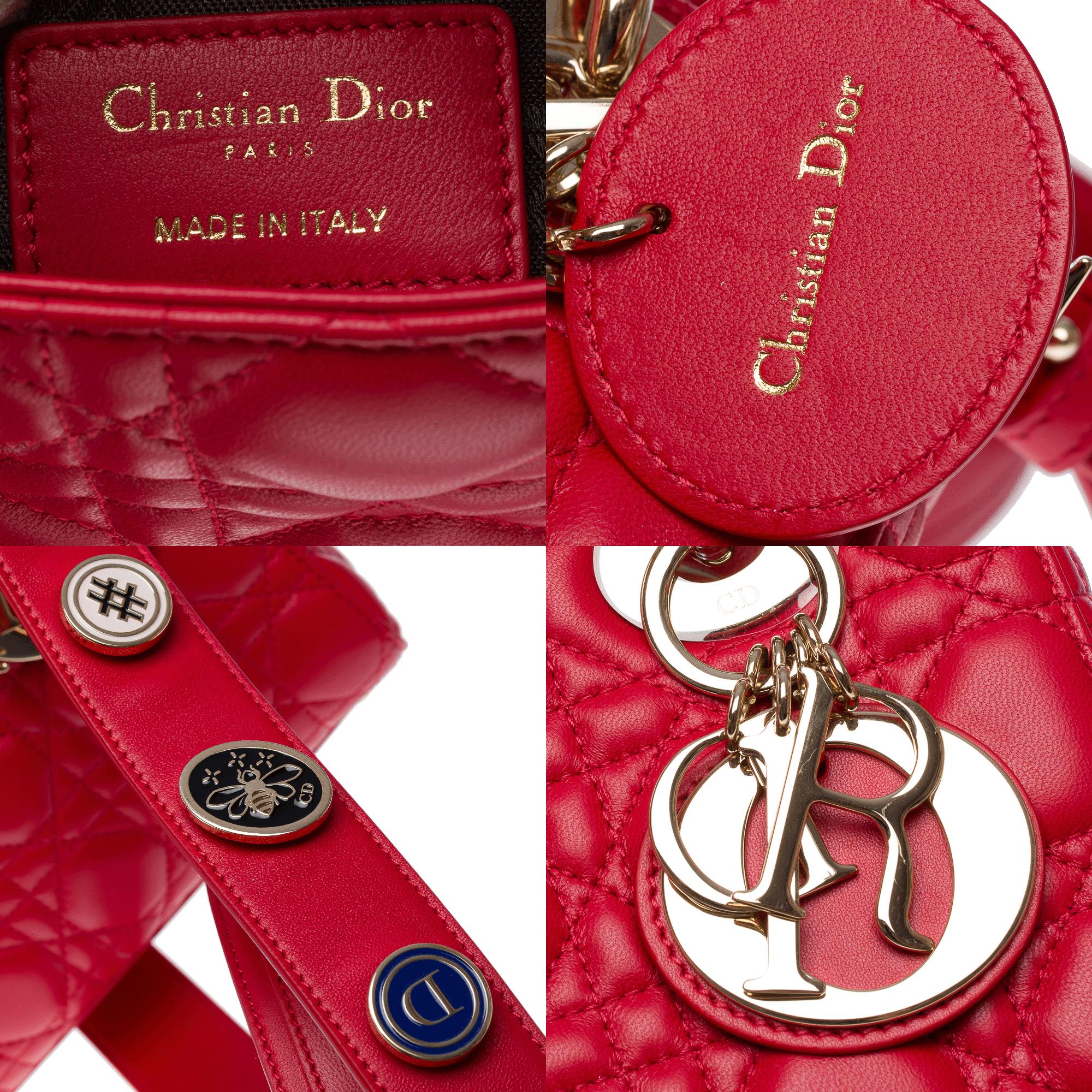 Magnífica correa para bolso pequeño Lady Dior de piel cannage roja, GHW 1