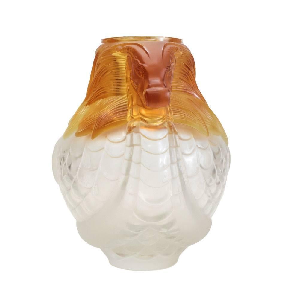 A magnificent Lalique France molded frosted and amber crystal vase, 