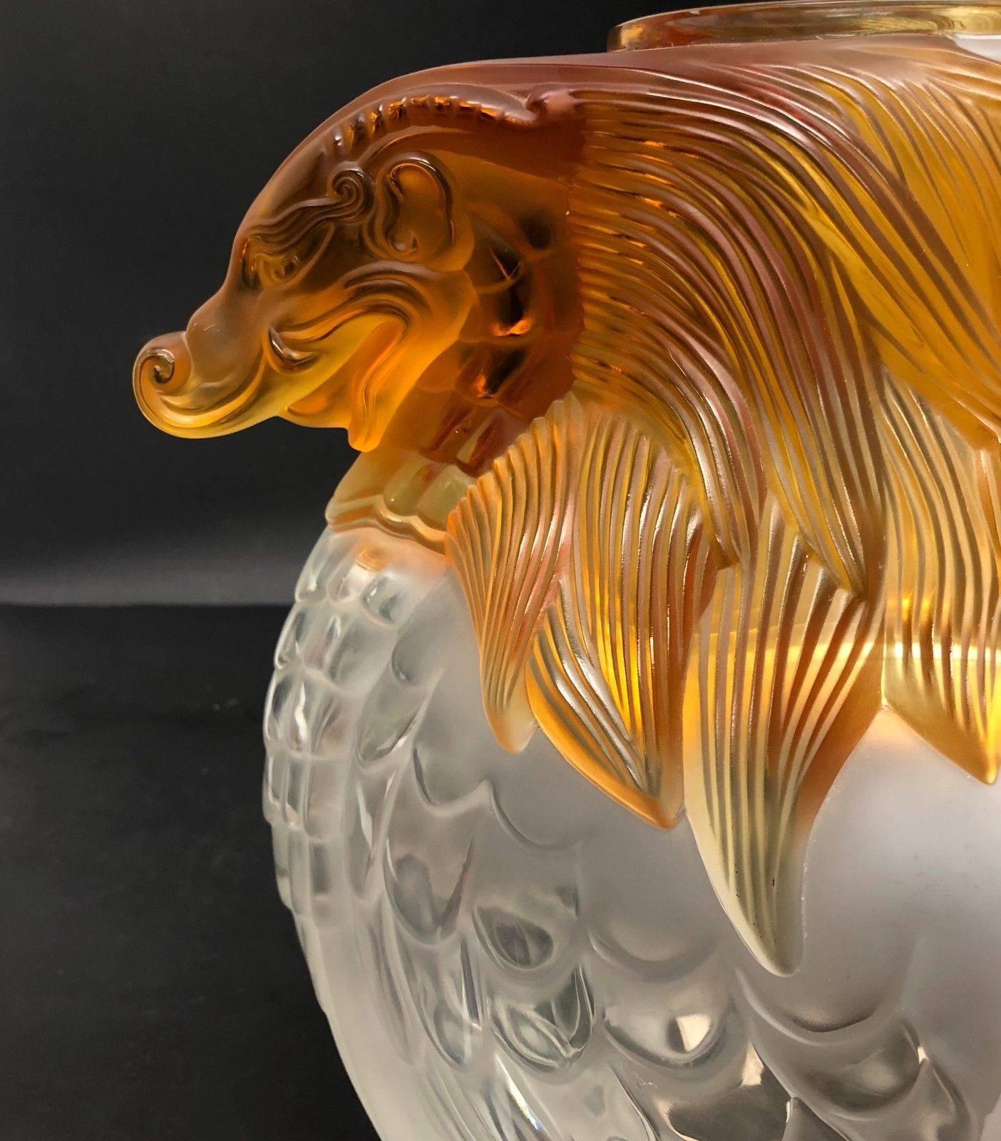 Magnificent Lalique Frosted Crystal Amp Amber Vase Imperial Dragon Ltd Ed of 99 In Good Condition For Sale In Pasadena, CA