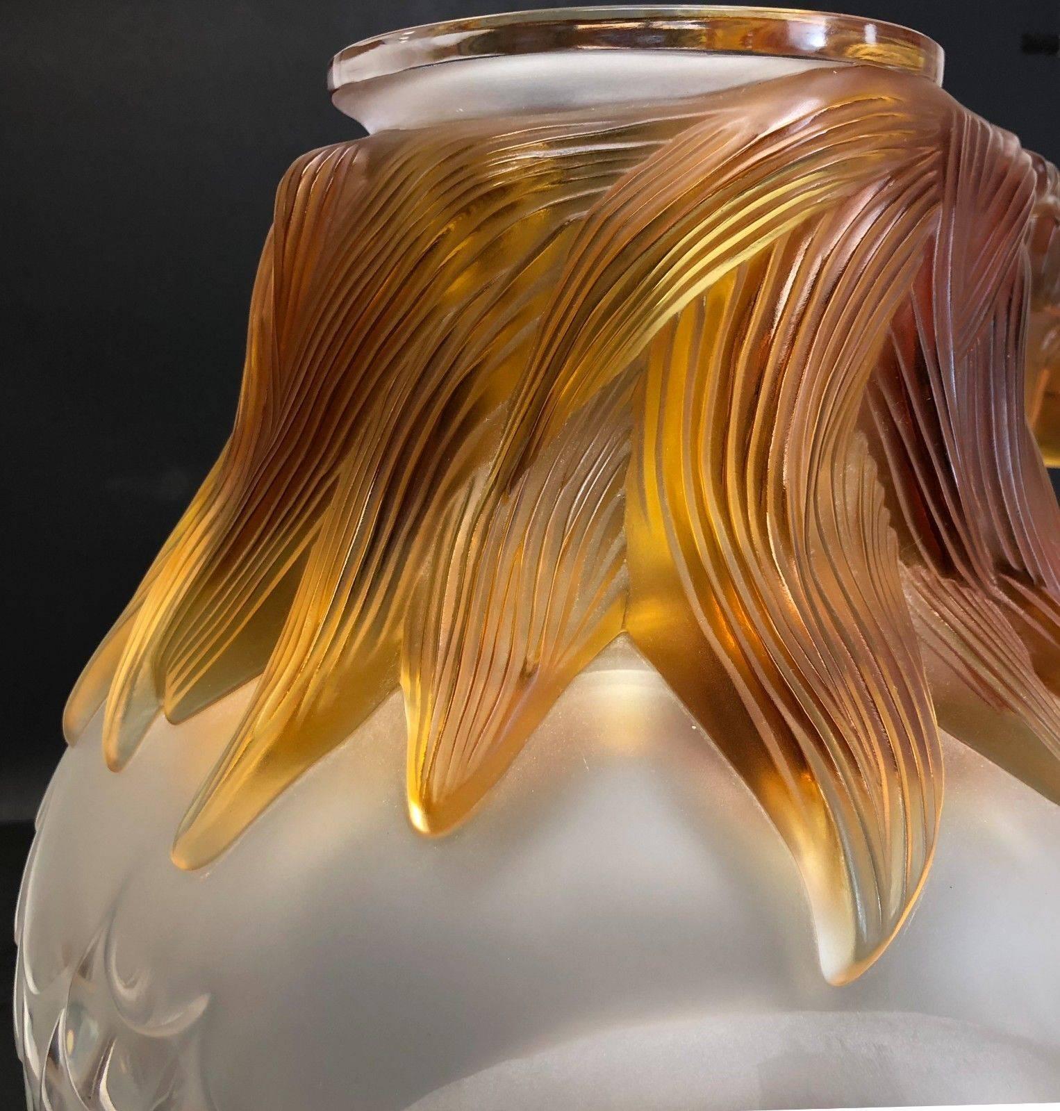 20th Century Magnificent Lalique Frosted Crystal Amp Amber Vase Imperial Dragon Ltd Ed of 99 For Sale