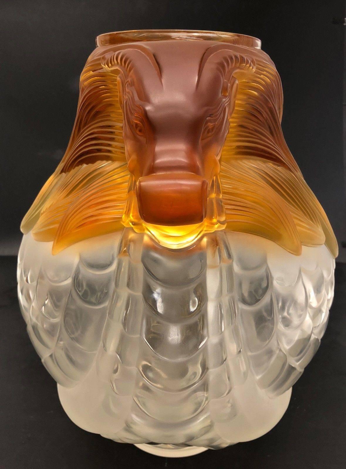 Art Glass Magnificent Lalique Frosted Crystal Amp Amber Vase Imperial Dragon Ltd Ed of 99 For Sale