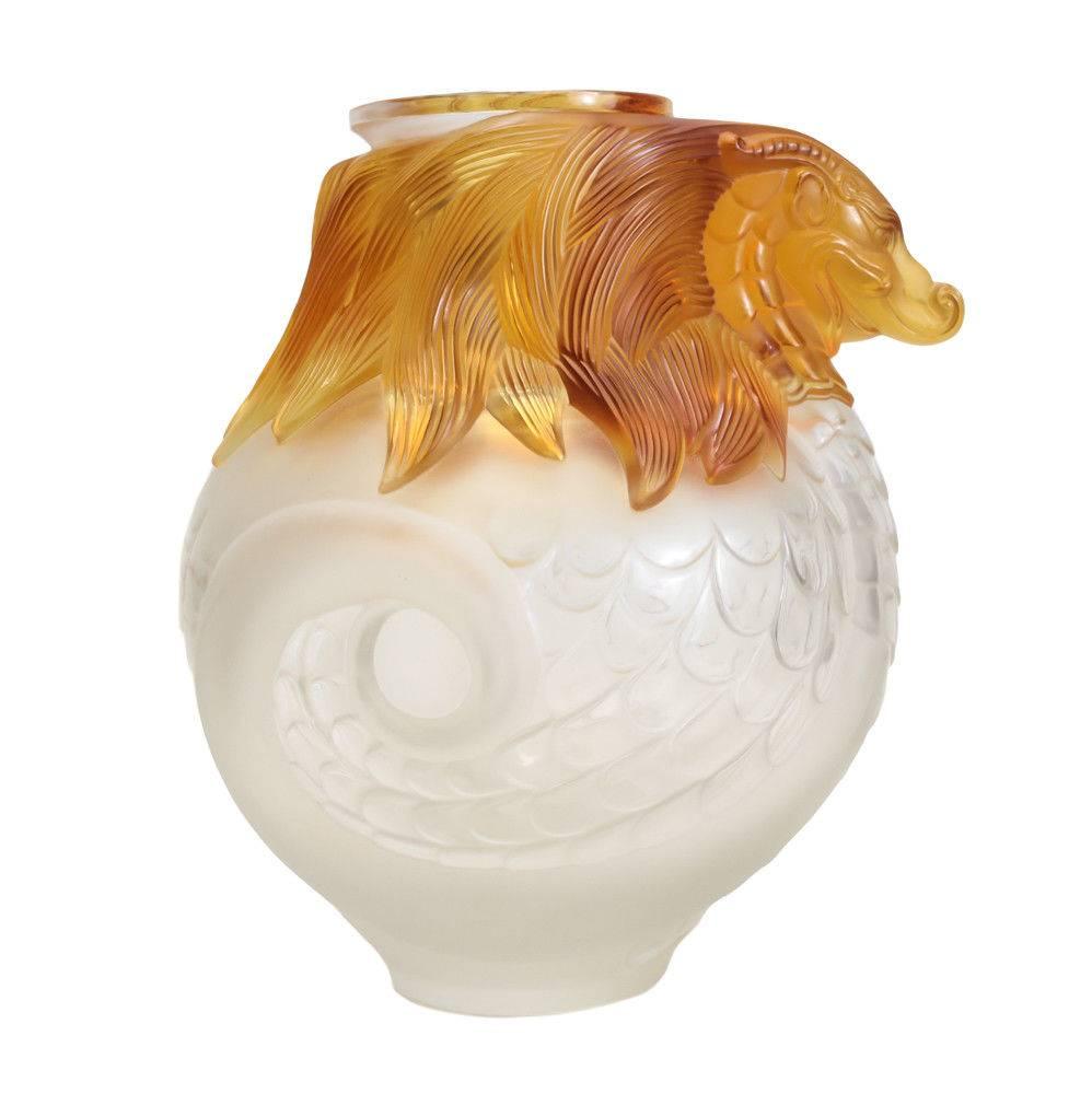 Magnificent Lalique Frosted Crystal Amp Amber Vase Imperial Dragon Ltd Ed of 99 For Sale