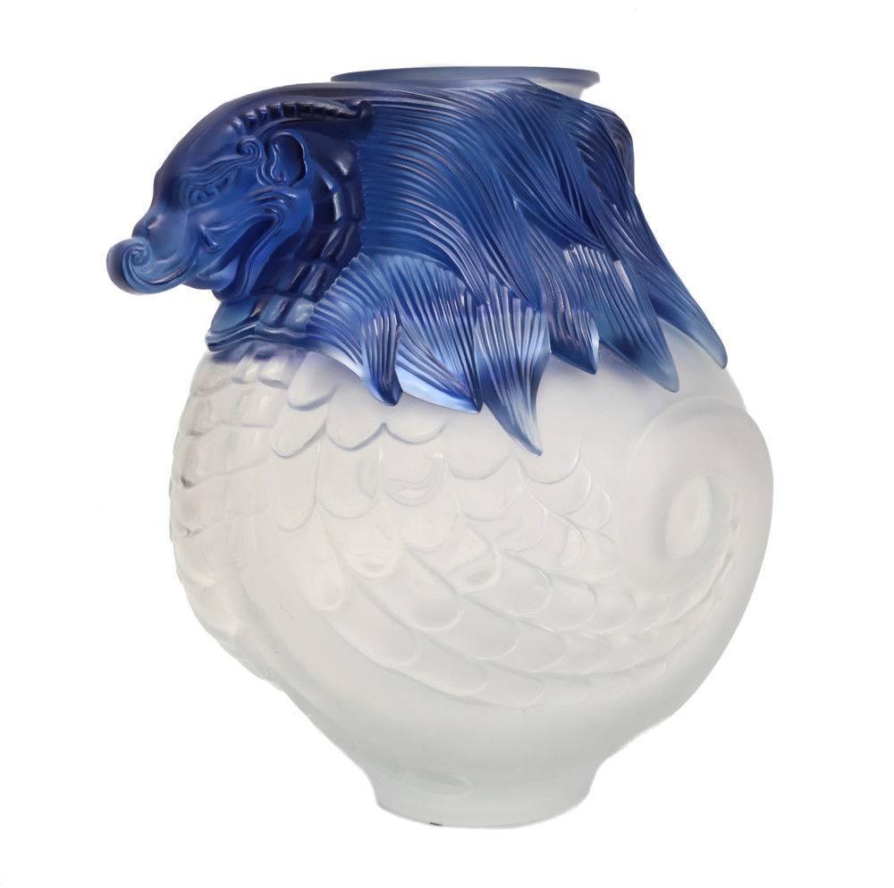 A magnificent Lalique France molded frosted and blue crystal vase, 