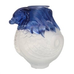 Magnificent Lalique Frosted Crystal and Blue Vase Imperial Dragon, Ltd Ed. of 99