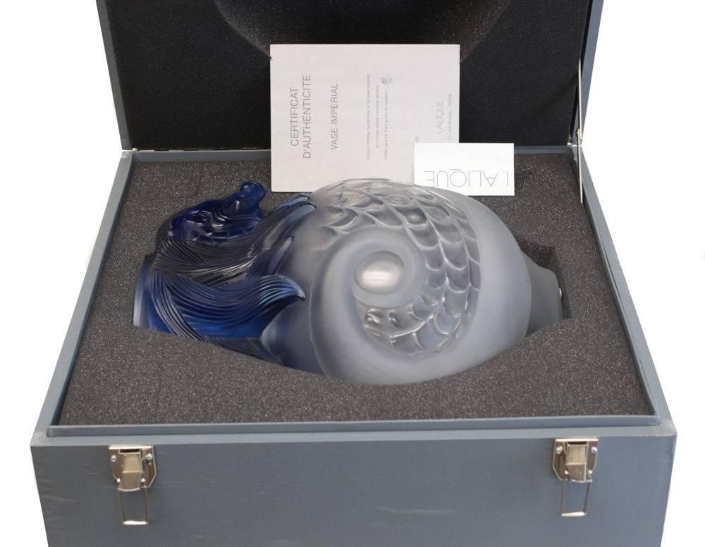 Art Glass Magnificent Lalique Frosted Crystal and Blue Vase Imperial Dragon, Ltd Ed. of 99 For Sale