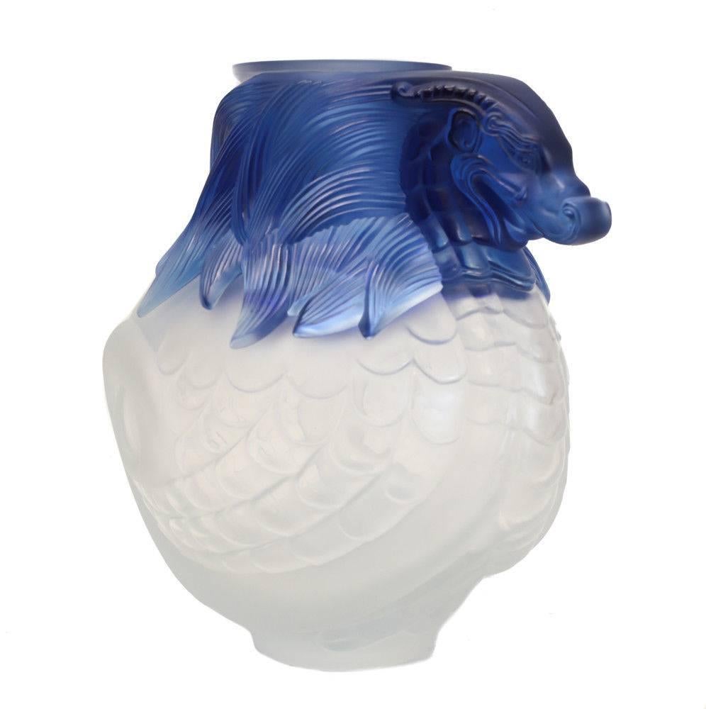 Magnificent Lalique Frosted Crystal and Blue Vase Imperial Dragon, Ltd Ed. of 99 For Sale