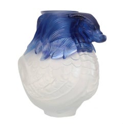 Magnificent Lalique Frosted Crystal and Blue Vase Imperial Dragon, Ltd Ed. of 99