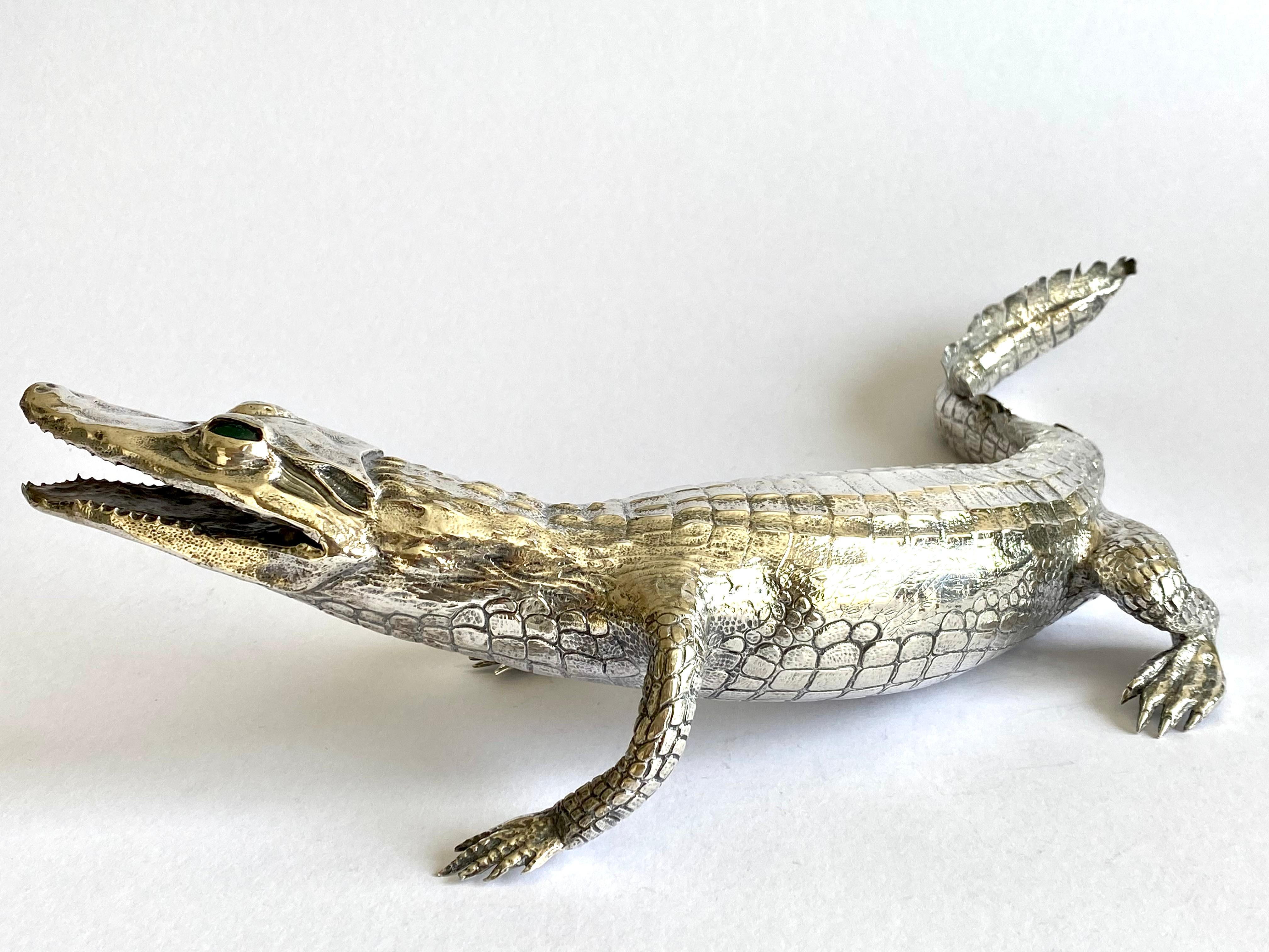 Magnificent Large Solid Silver Sterling Alligator Crocodile Sculpture 1
