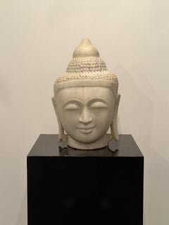 Magnifica testa di Buddha in marmo bianco antico di grandi dimensioni