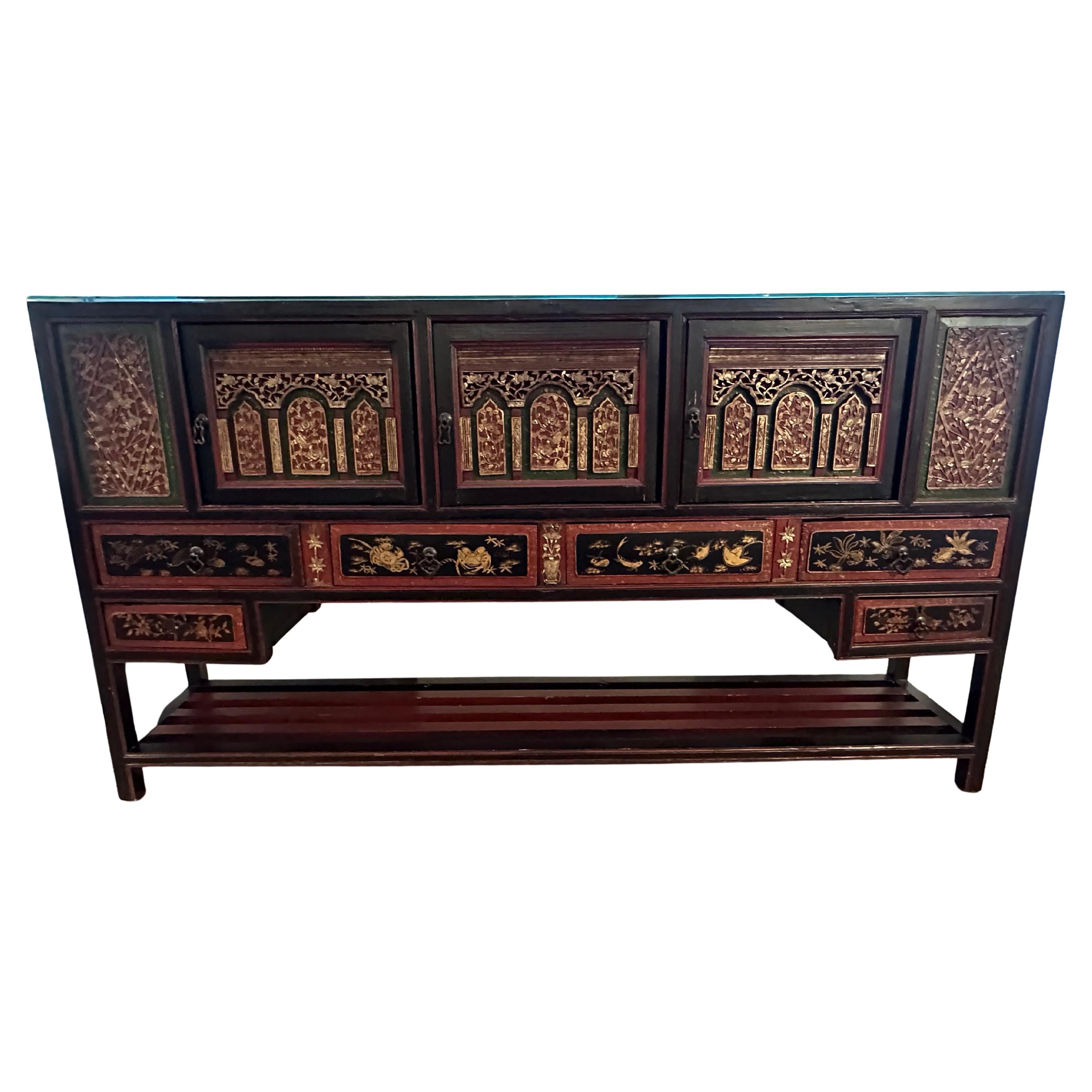 Magnificent Large Carved Antique Chinese Cabinet Console from Fujian Province For Sale