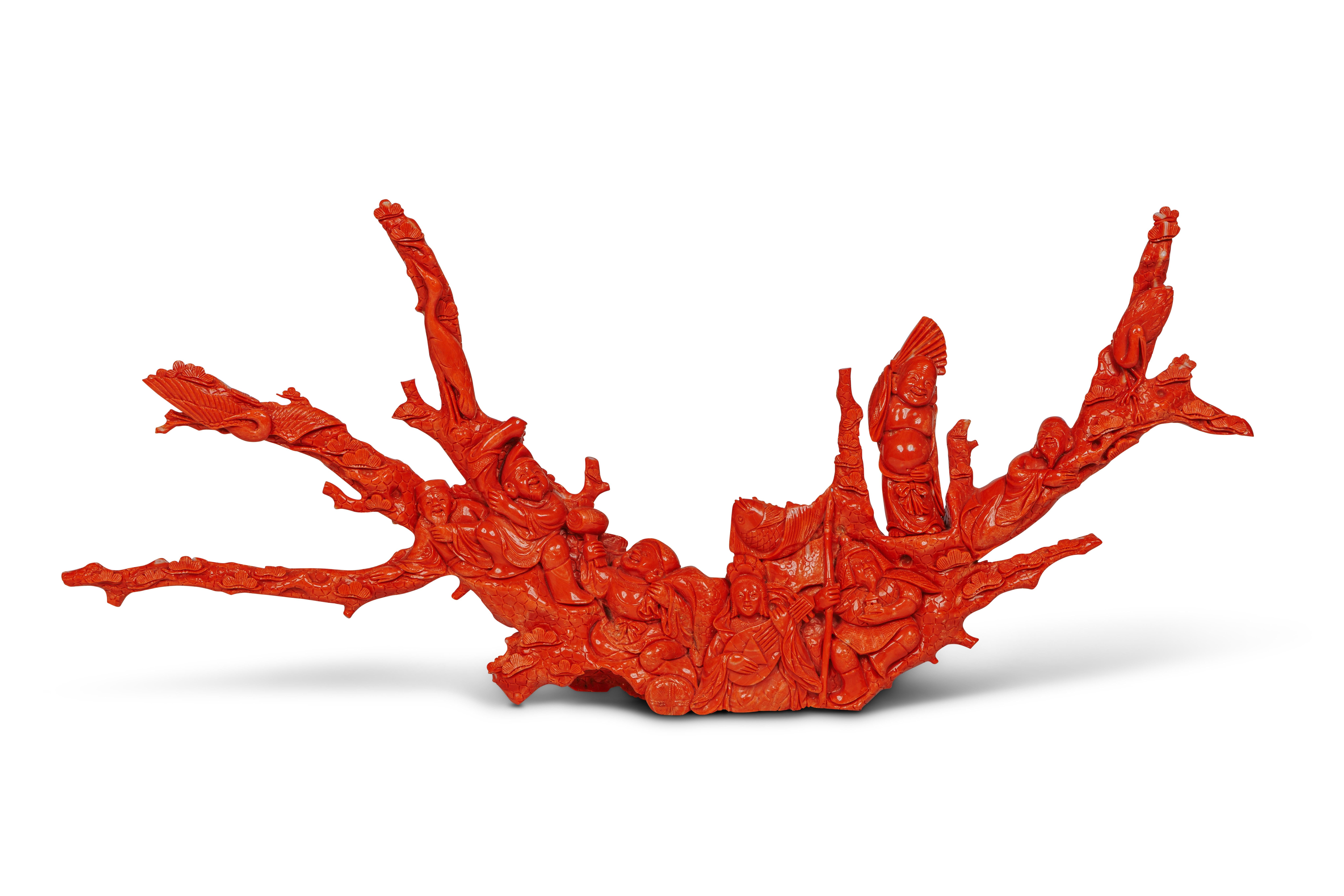 Magnifique groupe figuratif japonais sculpté en corail, sept personnages avec poissons en vente 4