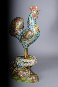Magnificent large Chinese rooster figure in cloisonné bronze and brass from the