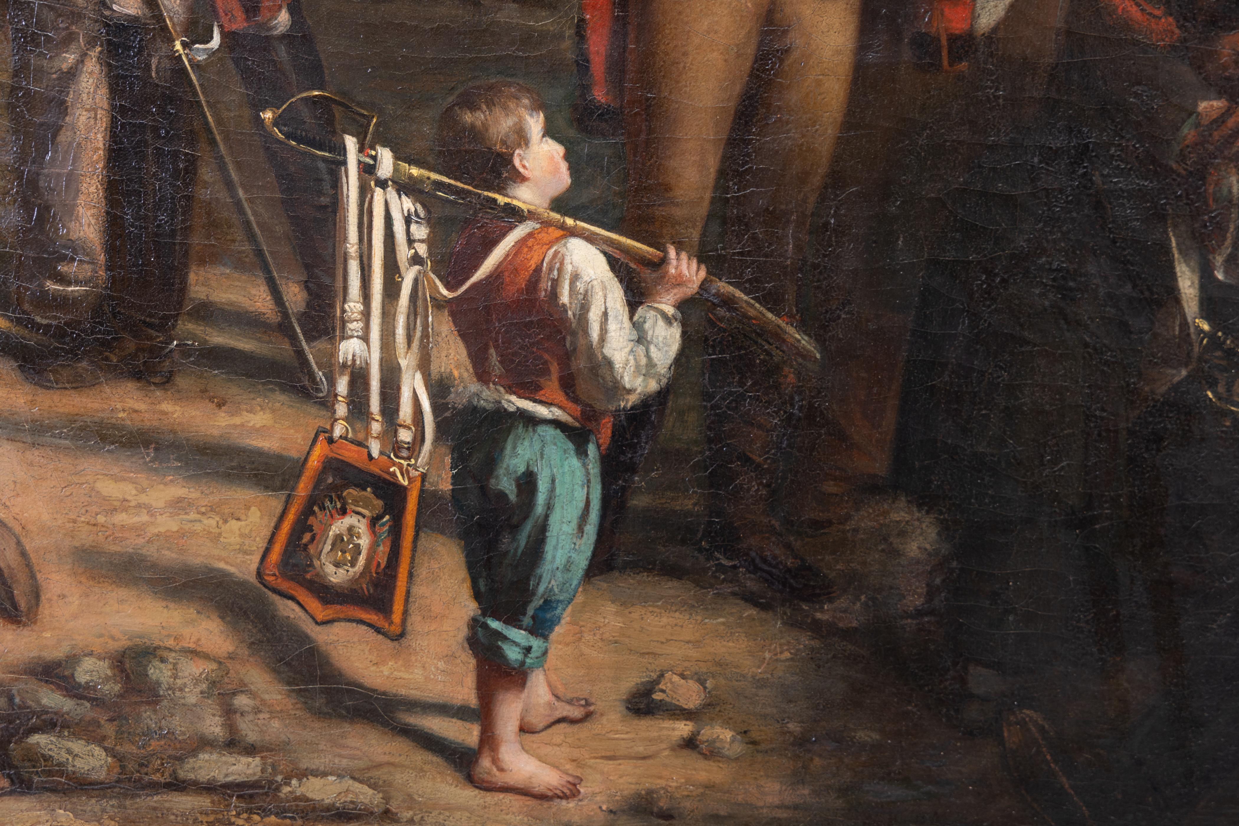 Magnificent large French 19th century painting of Napoleon being left at His exile, with His men and their supplies. A boy, barefoot, seemingly a native of their place of arrival, is carrying the colors hanging from a sword in scabbard. An older boy