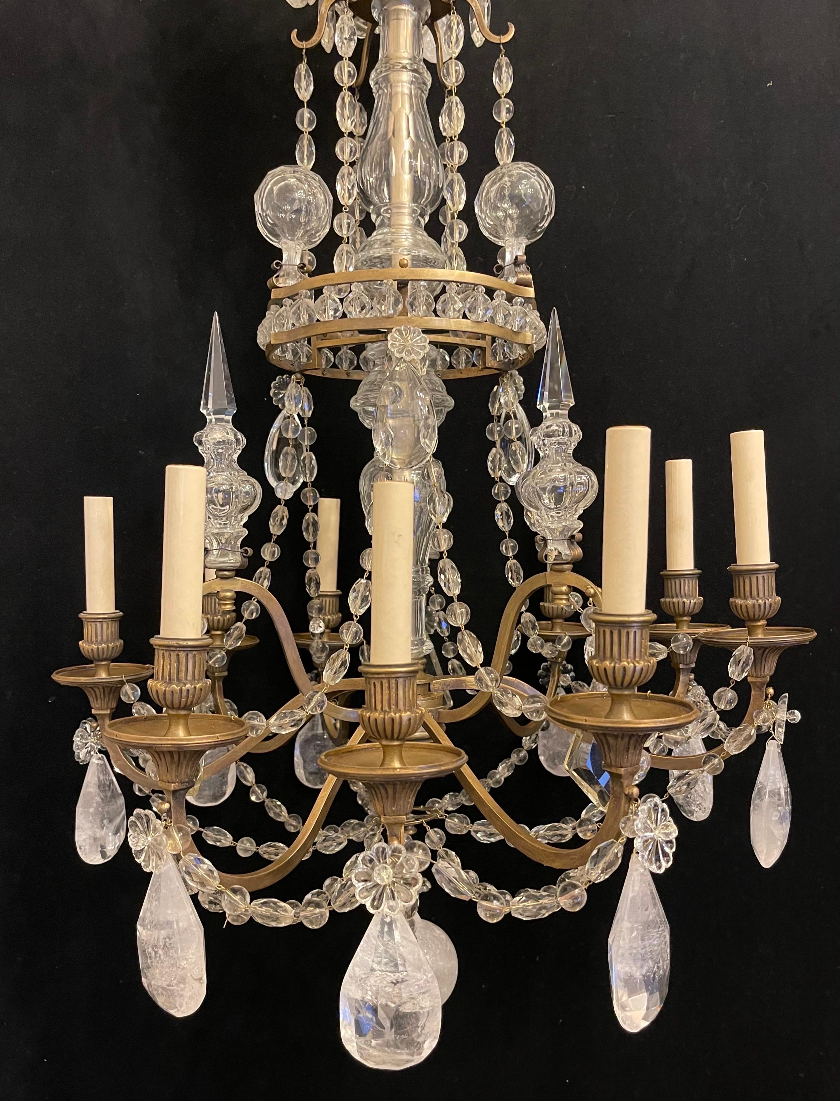 Neoclassical Magnificent Large French Dore Bronze Rock Crystal Louis XVI 9 Light Chandelier For Sale