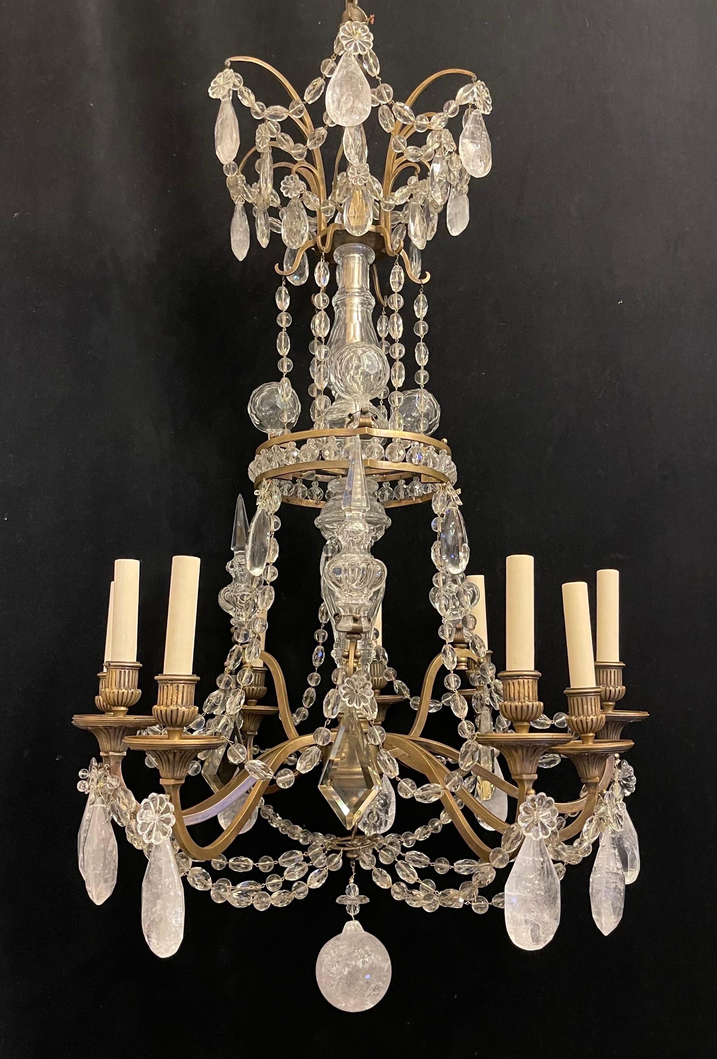 20th Century Magnificent Large French Dore Bronze Rock Crystal Louis XVI 9 Light Chandelier For Sale
