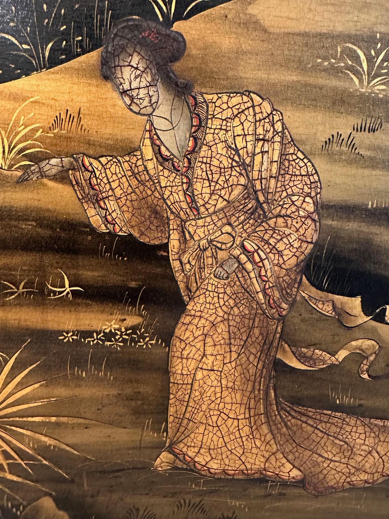 Chinoiseries Magnifique grand miroir chinois figuratif peint à la main en vente