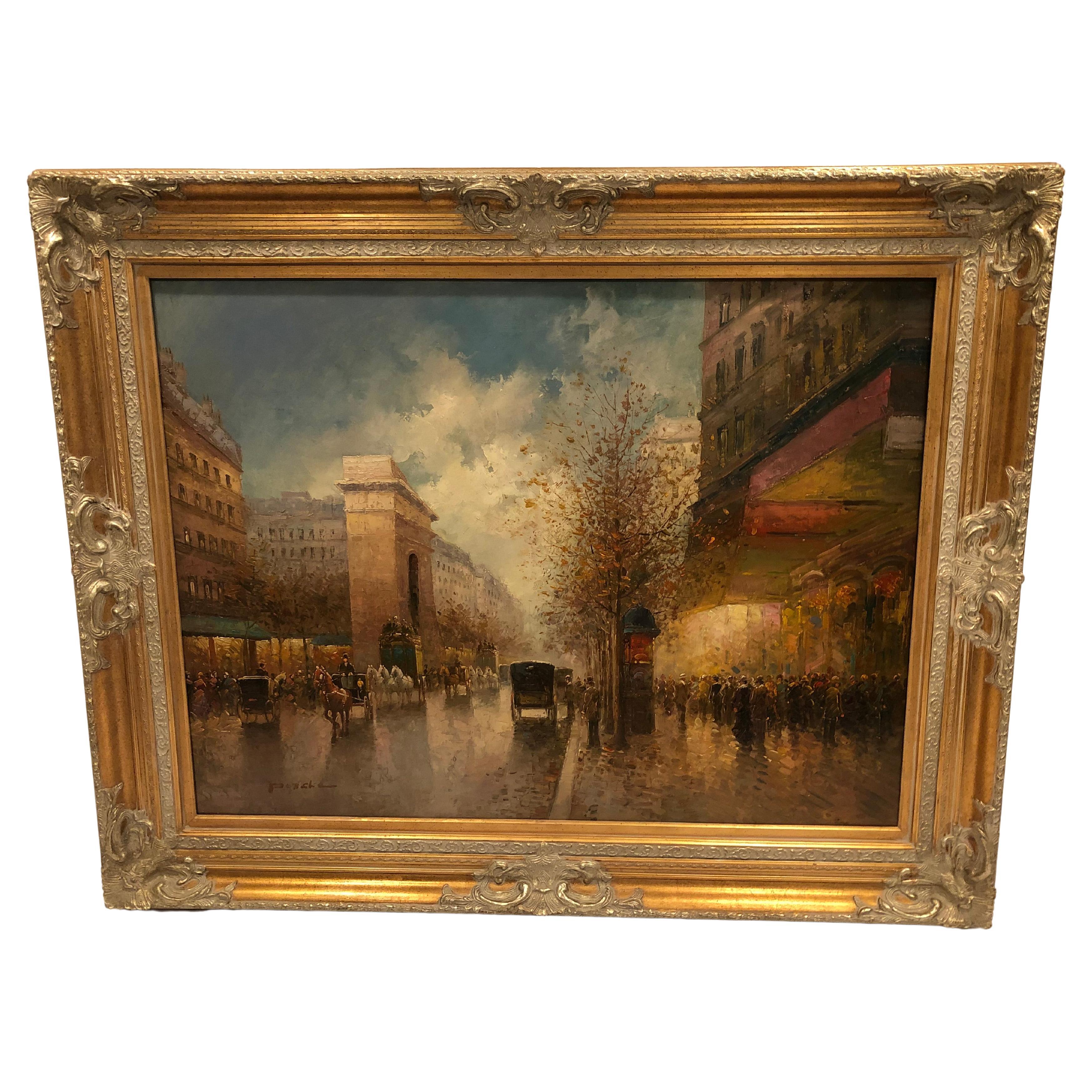 Magnificent Large Original Oil on Canvas of French Cityscape by T. E.Pencke For Sale