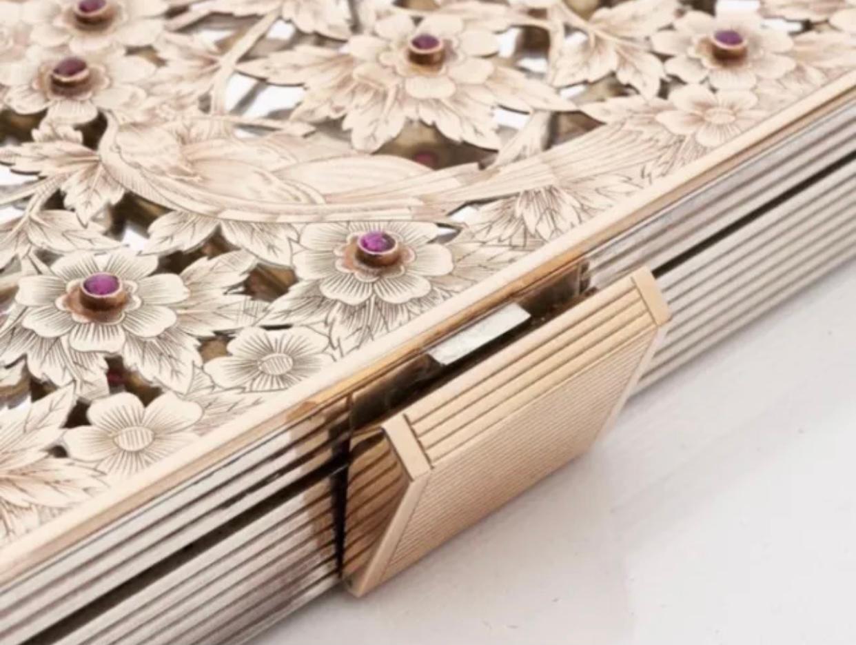Magnificent Large Sized Signed Boucheron French Silver, 18k Gold & Rubies. Engraved “ Boucheron Paris”. 

Stunning design of birds flying amongst fruit trees and foliage with the rubies representing fruit.

6.25” L x 4” W x 1” H