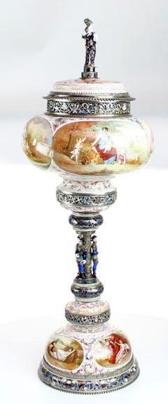 Magnificent Large Silver and Viennese Enamel Cup and Cover by Hermann Bohm, 1880