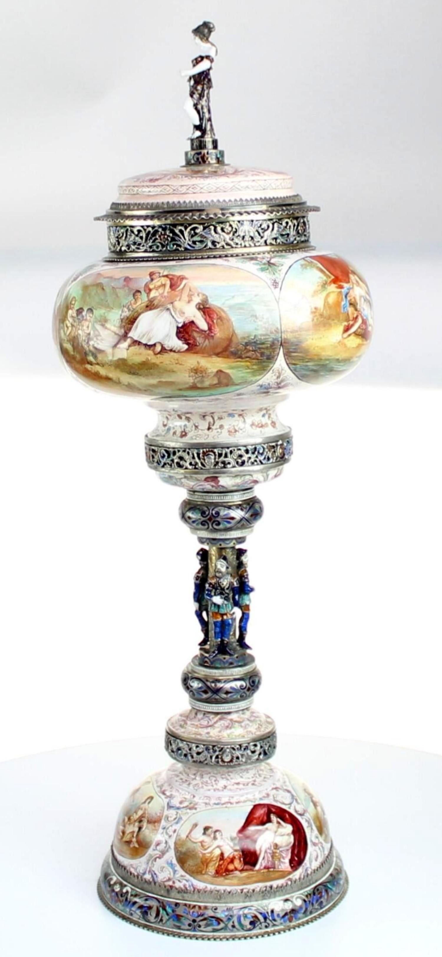 Magnificent Large Silver and Viennese Enamel Cup and Cover by Hermann Bohm, 1880 In Good Condition In New York, NY