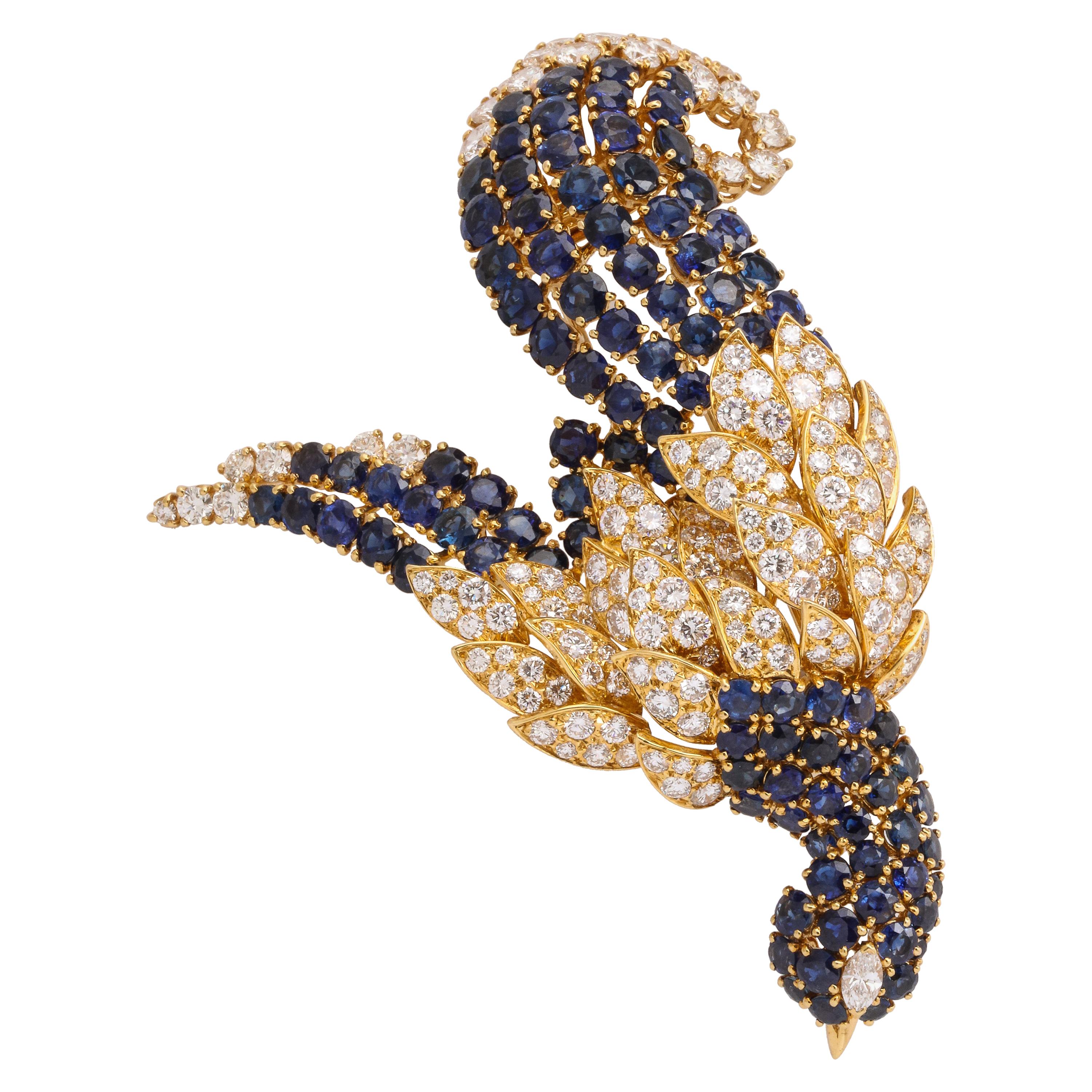 Large Size Sapphire and Diamond Bird of Paradise Brooch