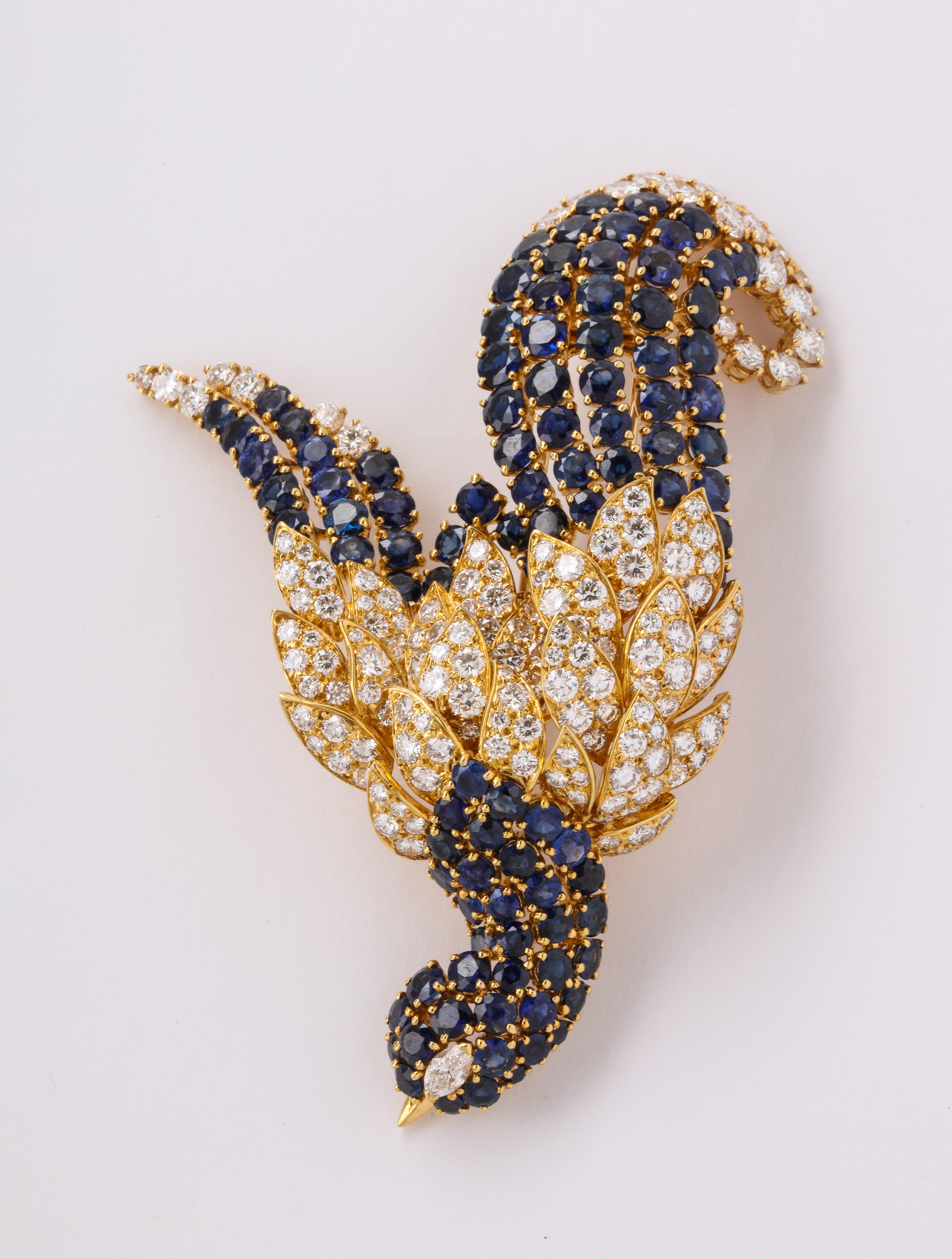 Large Size Sapphire and Diamond Bird of Paradise Brooch In Excellent Condition In New York, NY