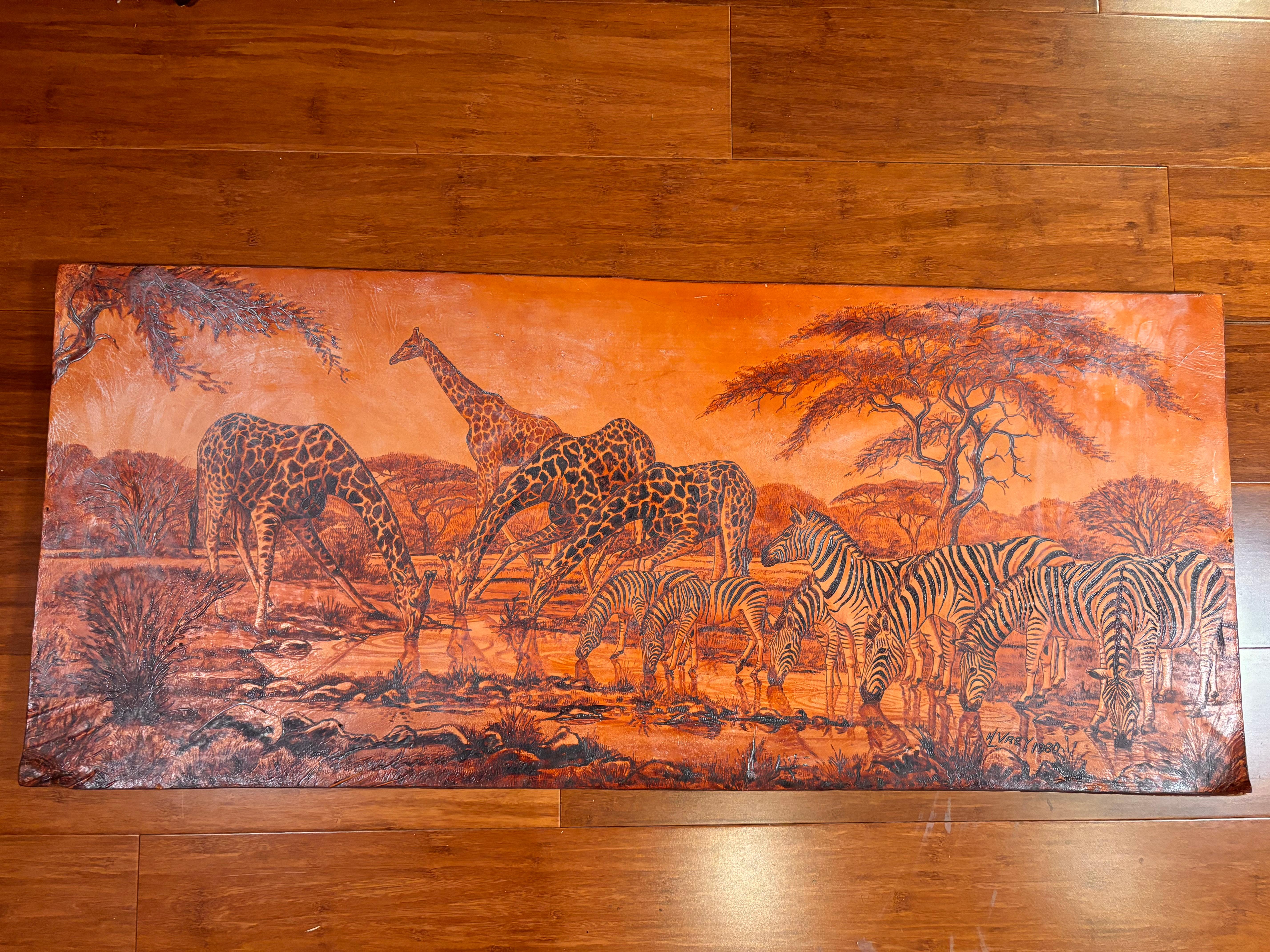 Sudafricano Magnifico grande Zebra e Giraffe all'acqua Arte africana, 1980 in vendita