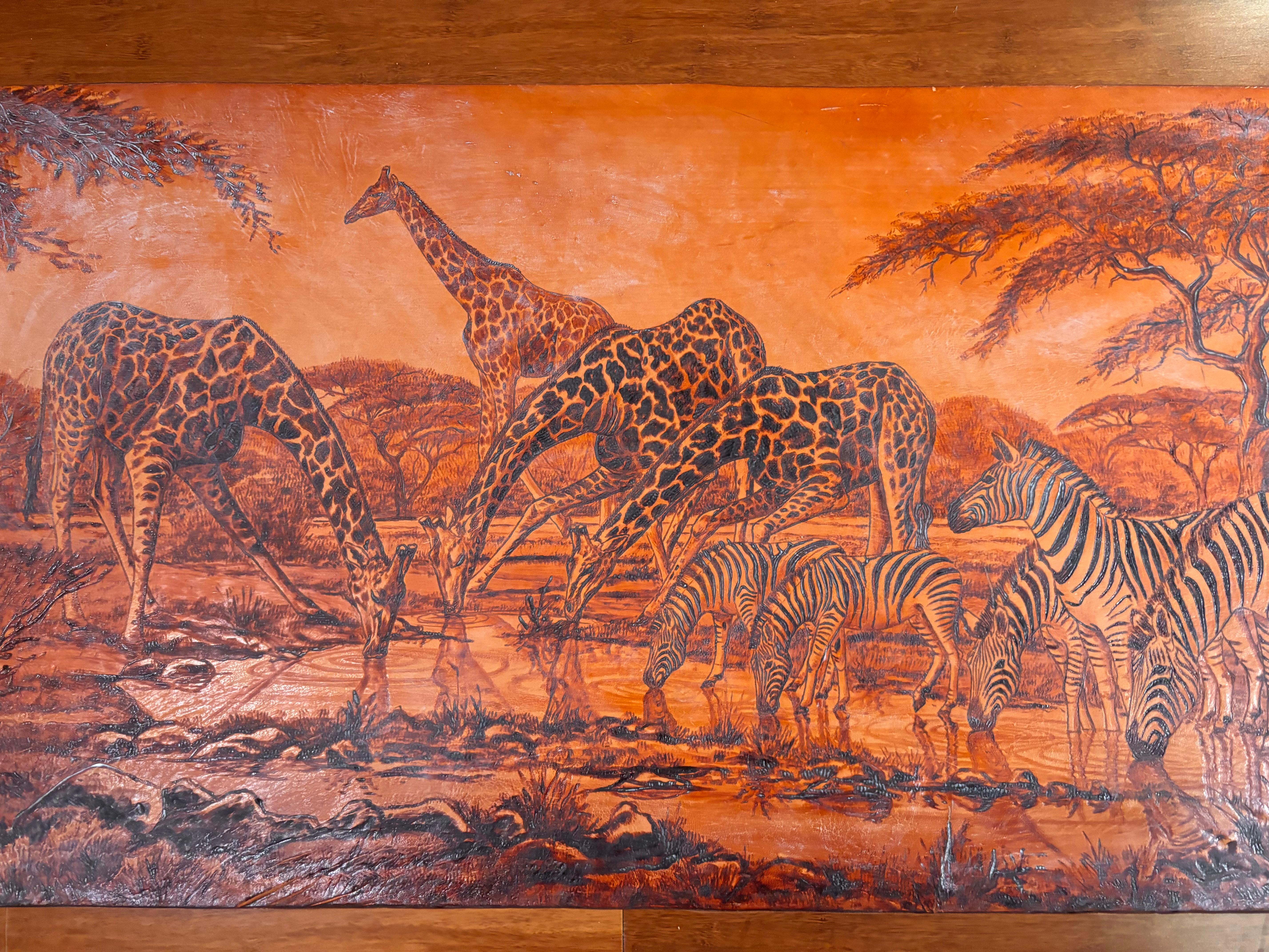Magnifico grande Zebra e Giraffe all'acqua Arte africana, 1980 In condizioni buone in vendita a South Burlington, VT