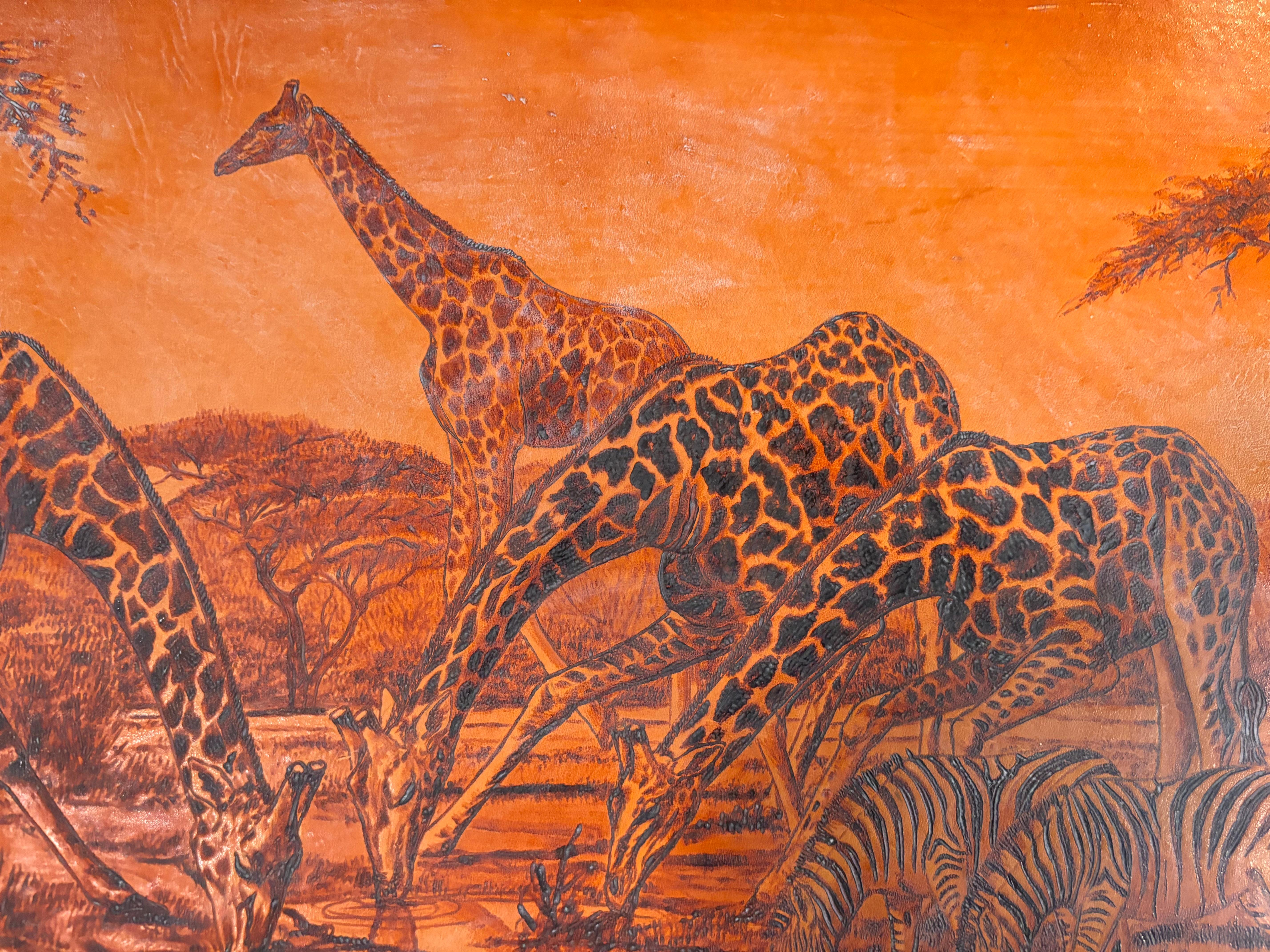 XX secolo Magnifico grande Zebra e Giraffe all'acqua Arte africana, 1980 in vendita