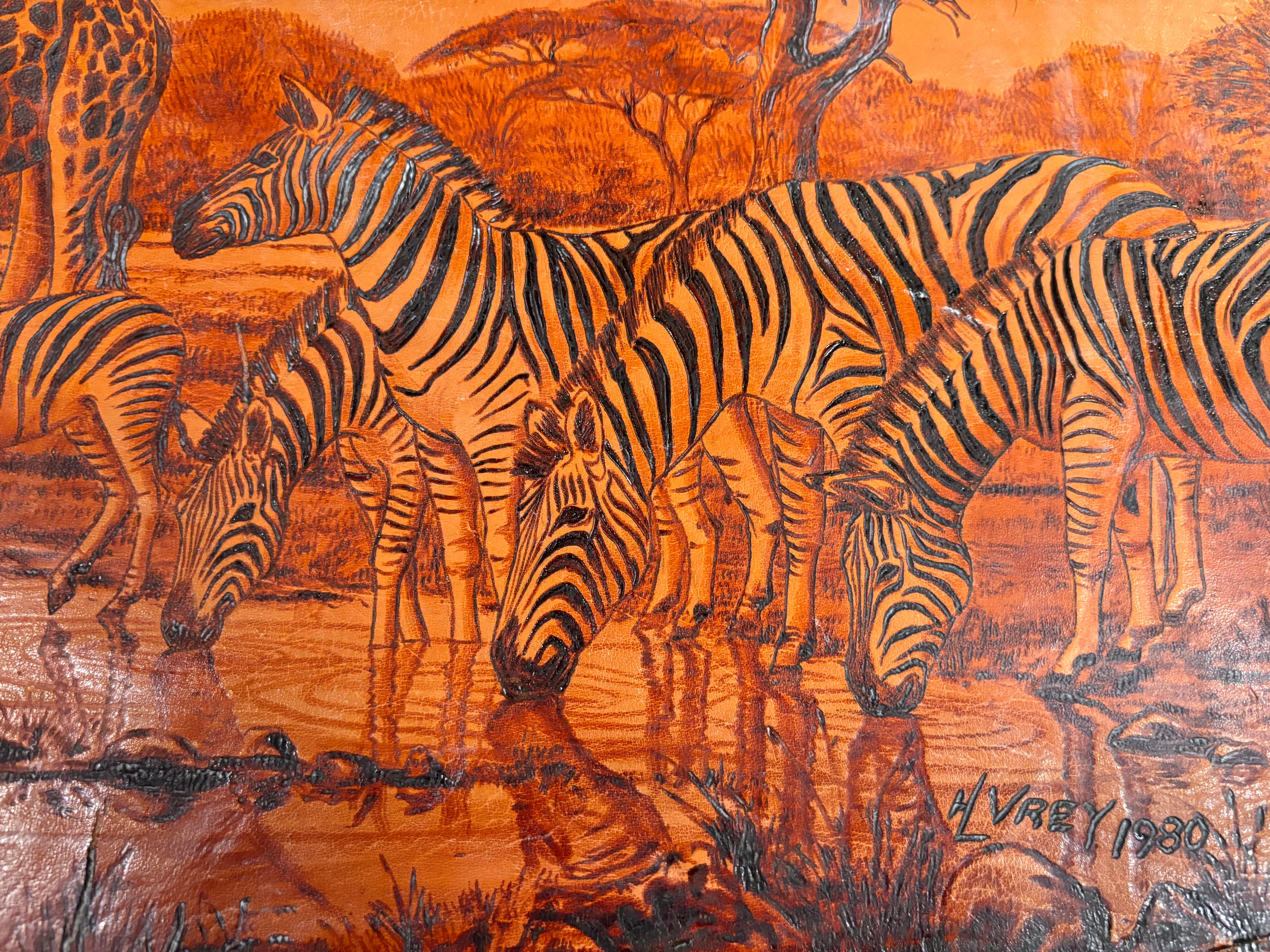 Magnifico grande Zebra e Giraffe all'acqua Arte africana, 1980 in vendita 1