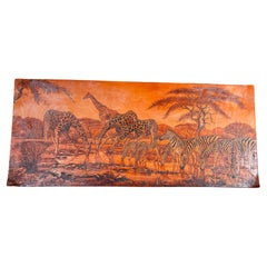 Magnificent Large Zebra And Giraffes At Water African Art, 1980