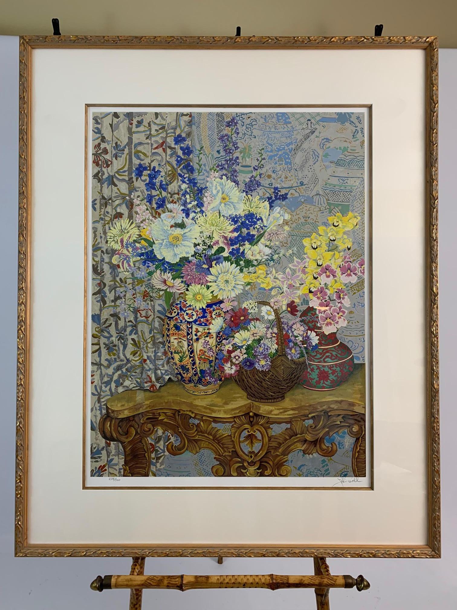 Magnificent classic John Powell still life of flower arrangements in meticulously detailed vases on a pretty French console. Serigraph on paper, Limited Edition 238/300, signed lower right
Matted and pretty gold frame

Paper 24”W x 32” H x 1”