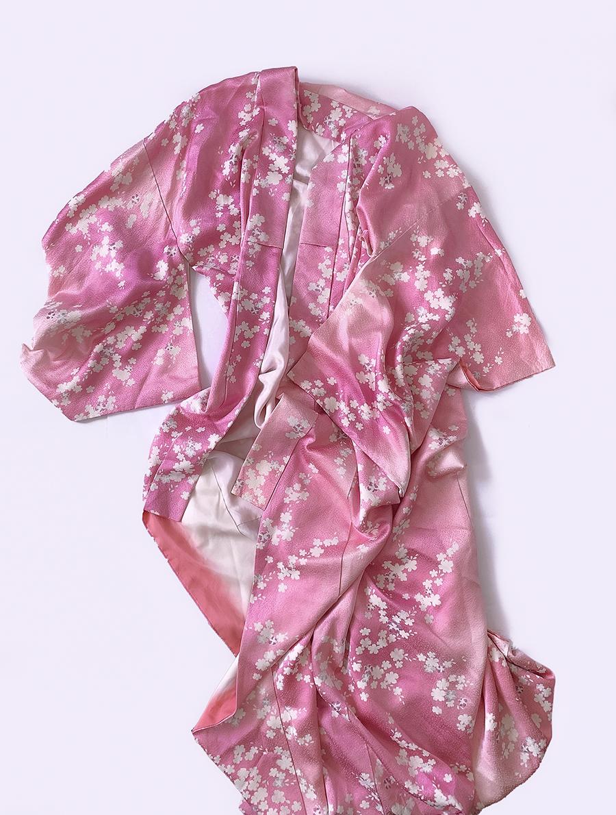 Gray Magnificent Liquid Silk Robe Kimono Sakura Soft Pink Glamour Diva Goddess 