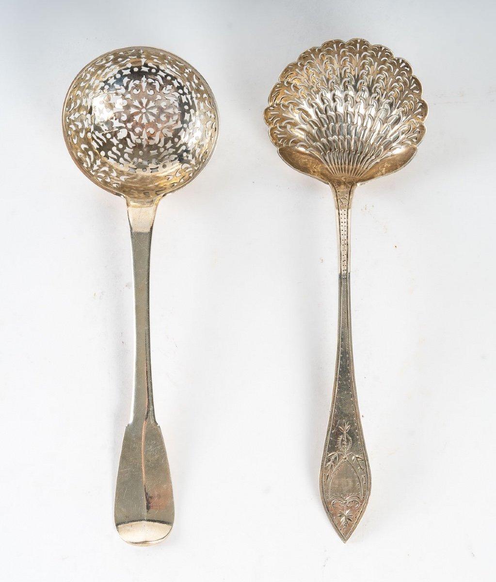 French Magnificent Lot of Two Sprinkling Spoons, 19th Century, Sterling Silver For Sale