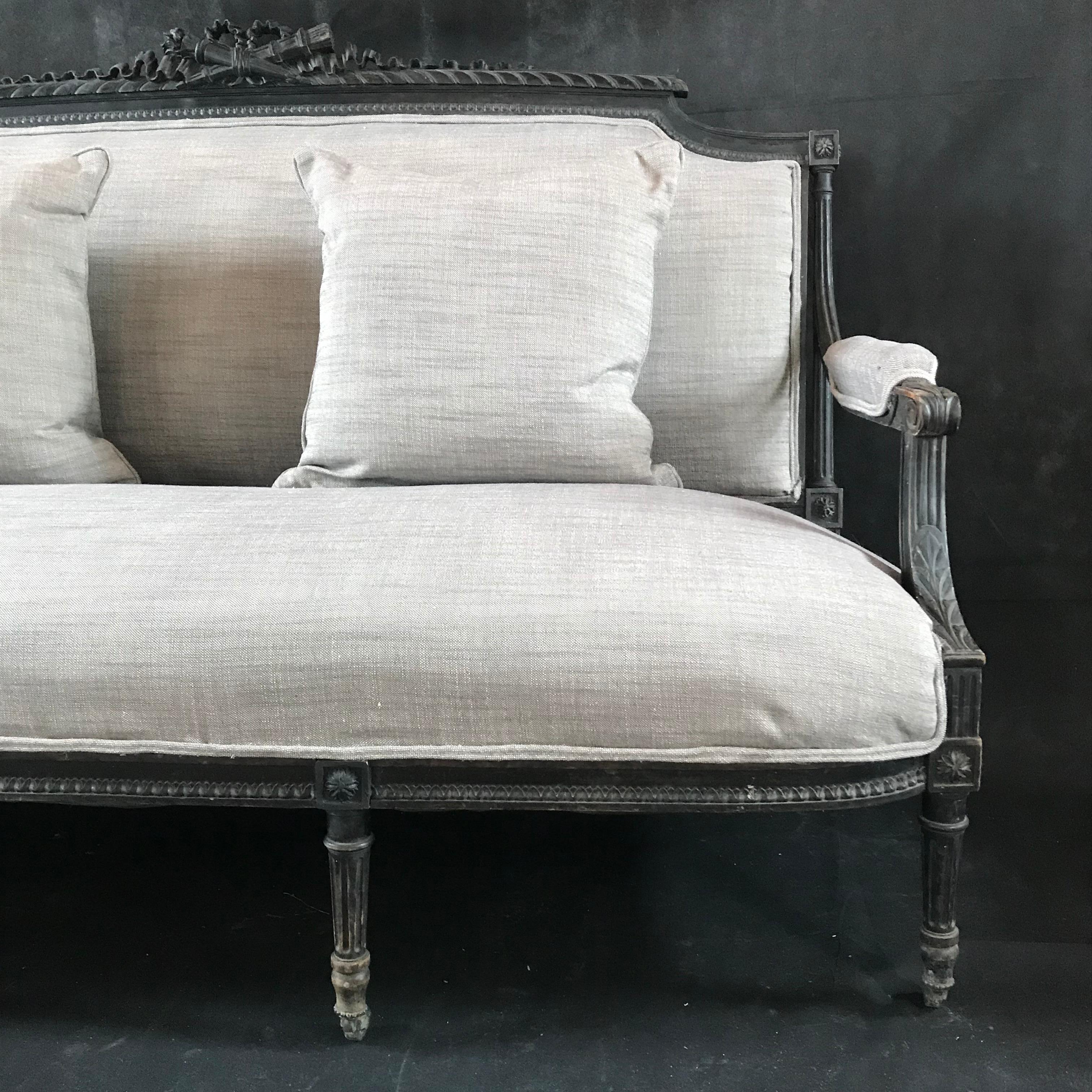 19th Century Magnificent Louis XVI Carved Wood and Linen Sofa For Sale