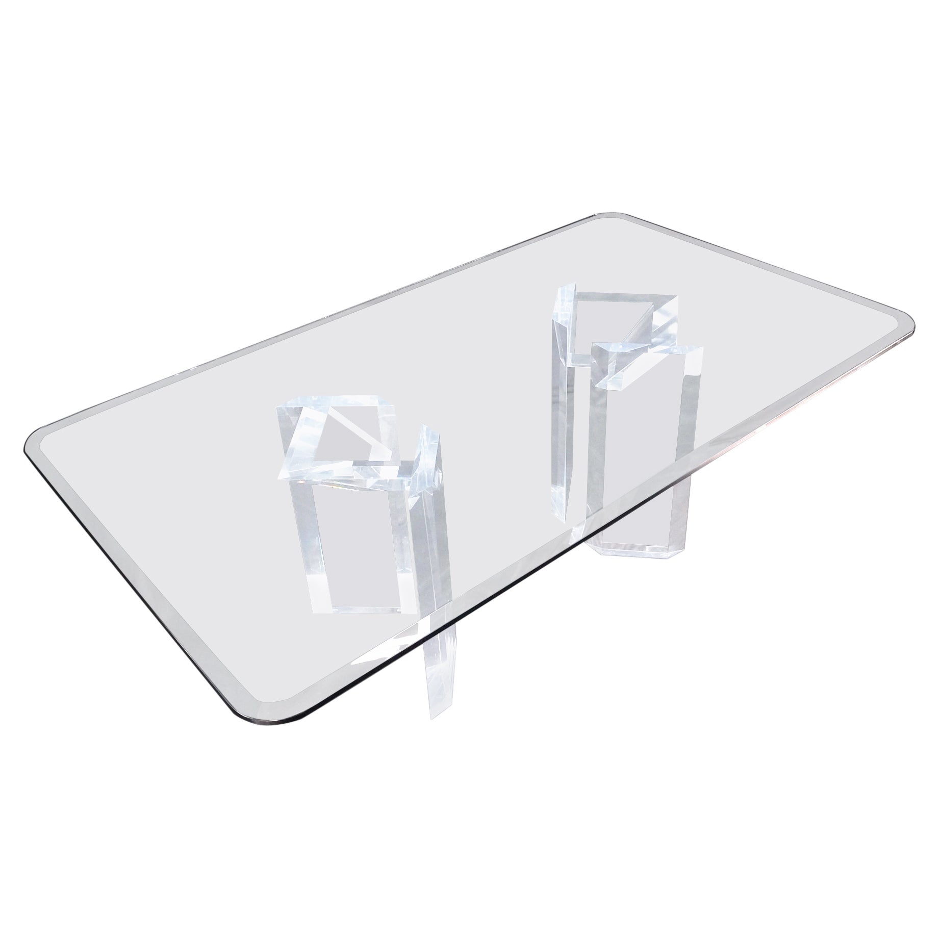 Magnifico tavolo da pranzo per conferenze con base a piedistalli in lucite e piano in vetro, lungo 7'.