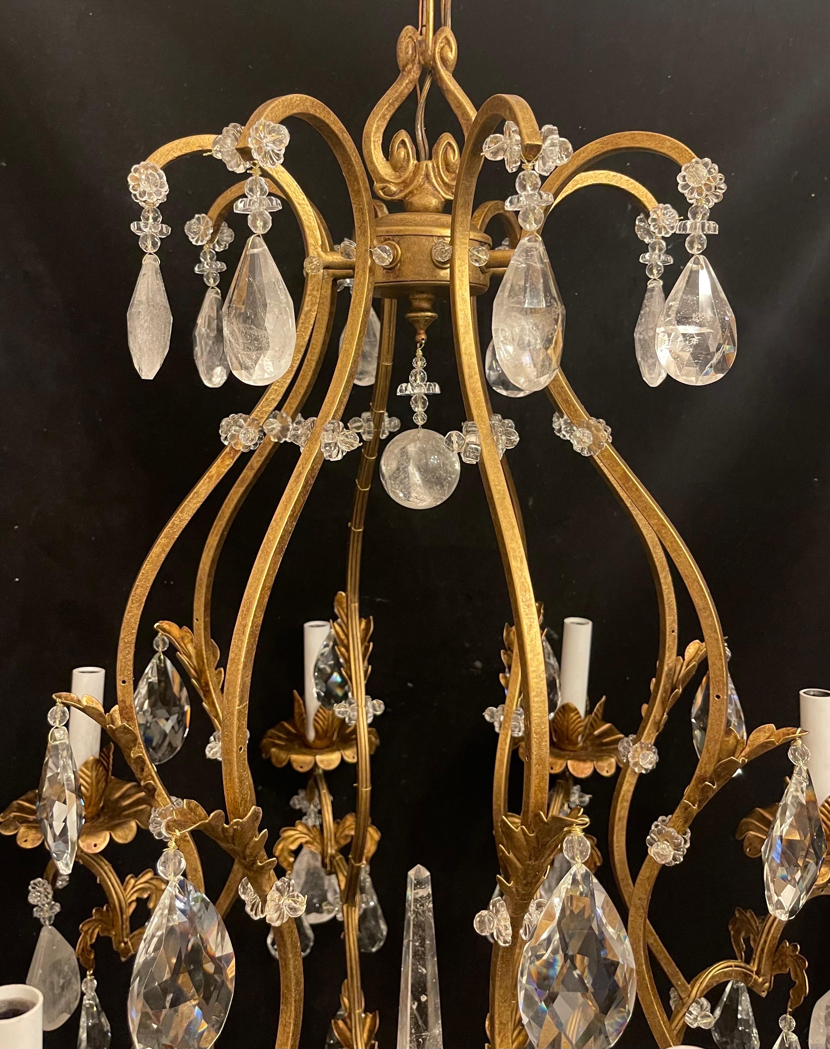 Mid-Century Modern Magnificent Maison Baguès French Rock Crystal Gold Gilt Bird Cage Chandelier