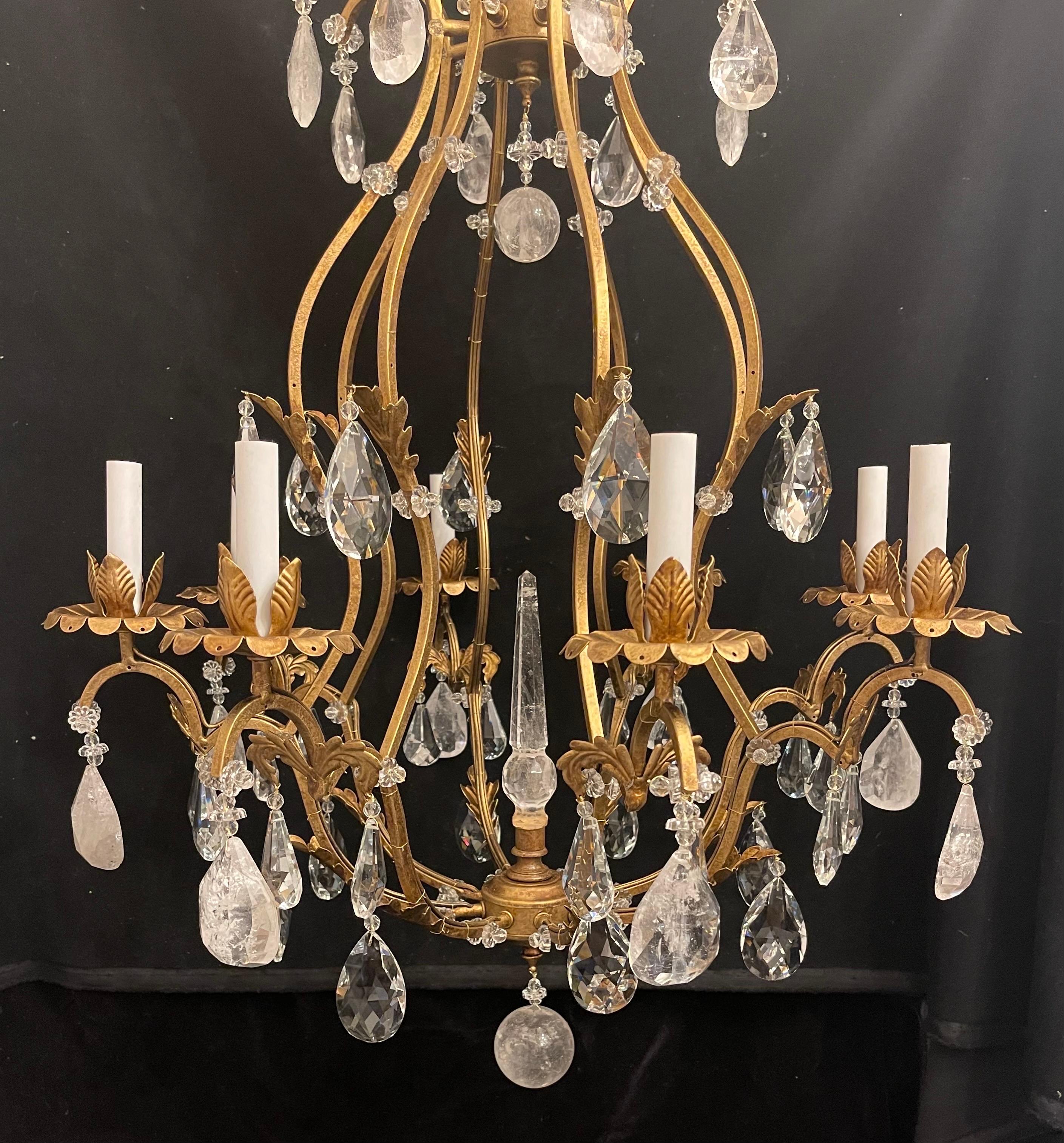 Magnificent Maison Baguès French Rock Crystal Gold Gilt Bird Cage Chandelier In Good Condition In Roslyn, NY