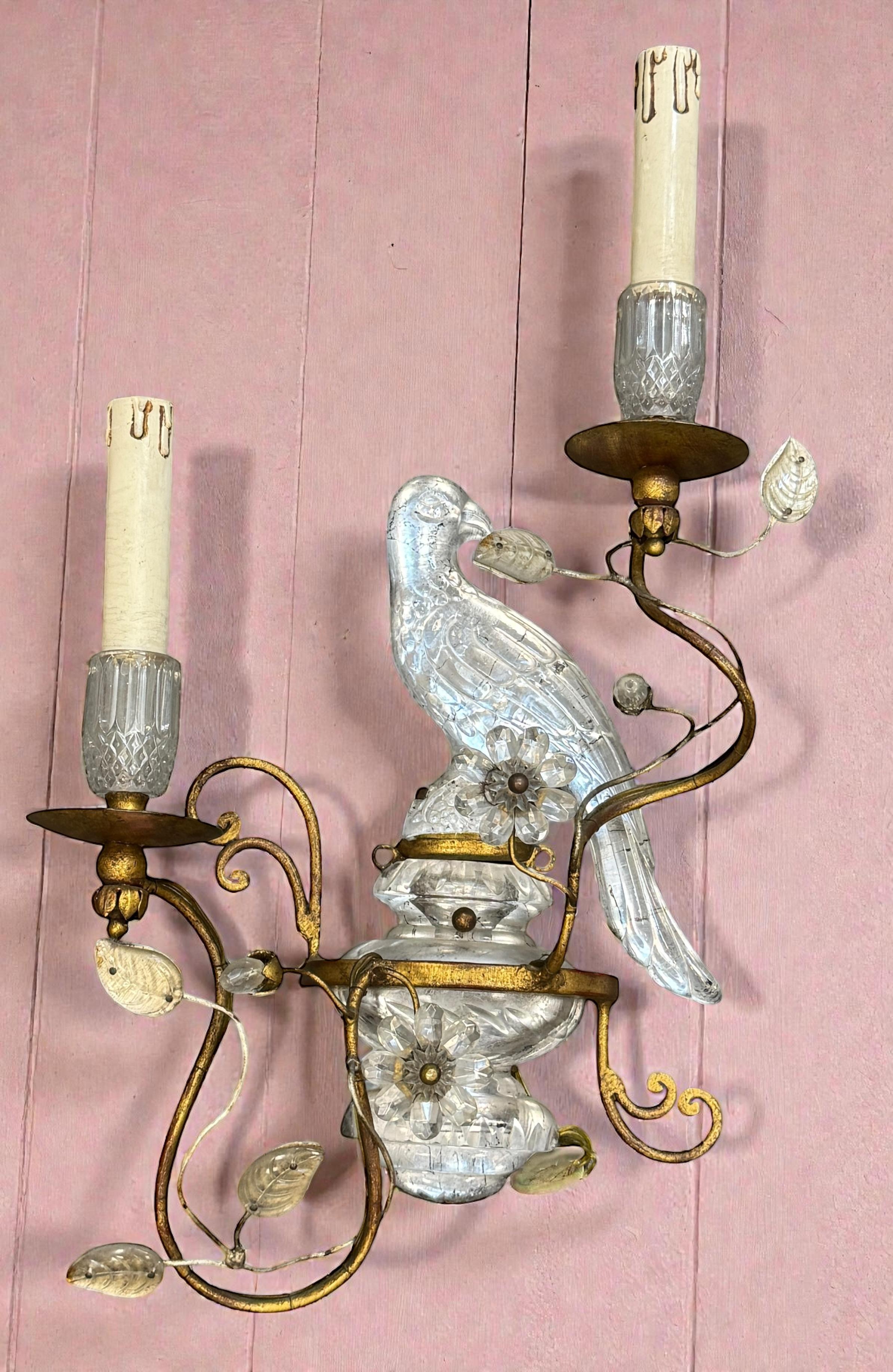 Coppia di magnifiche lampade a pappagallo francesi in ferro dorato e vetro della Maison Baguès in vendita 2