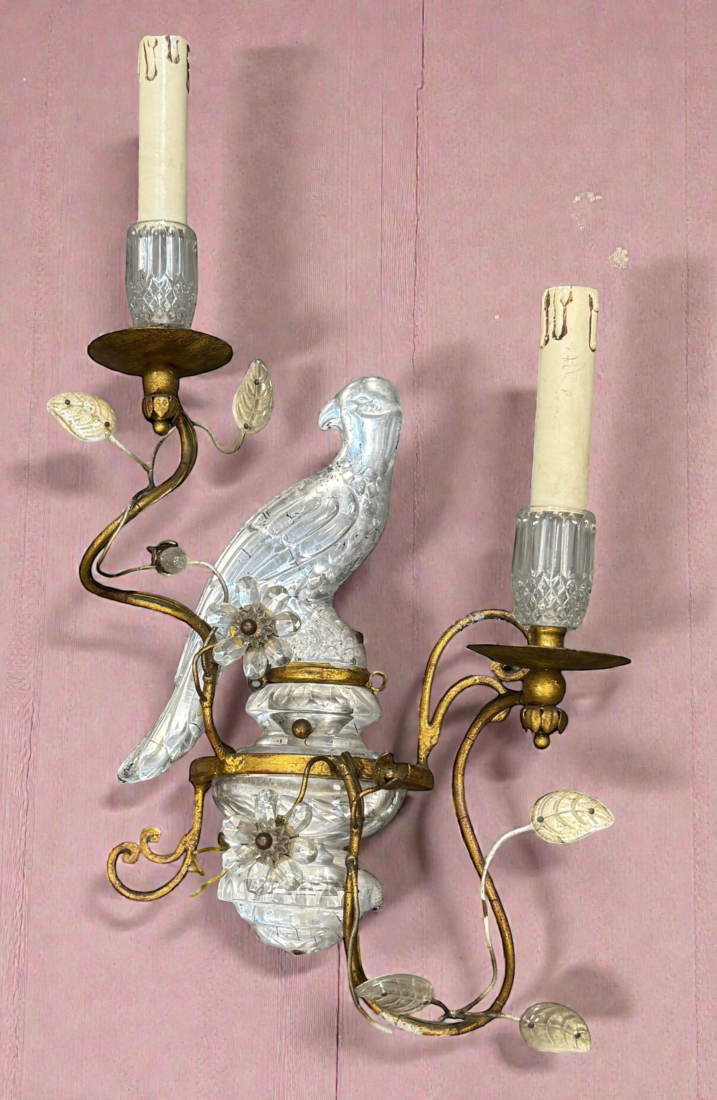 Coppia di magnifiche lampade a pappagallo francesi in ferro dorato e vetro della Maison Baguès in vendita 6