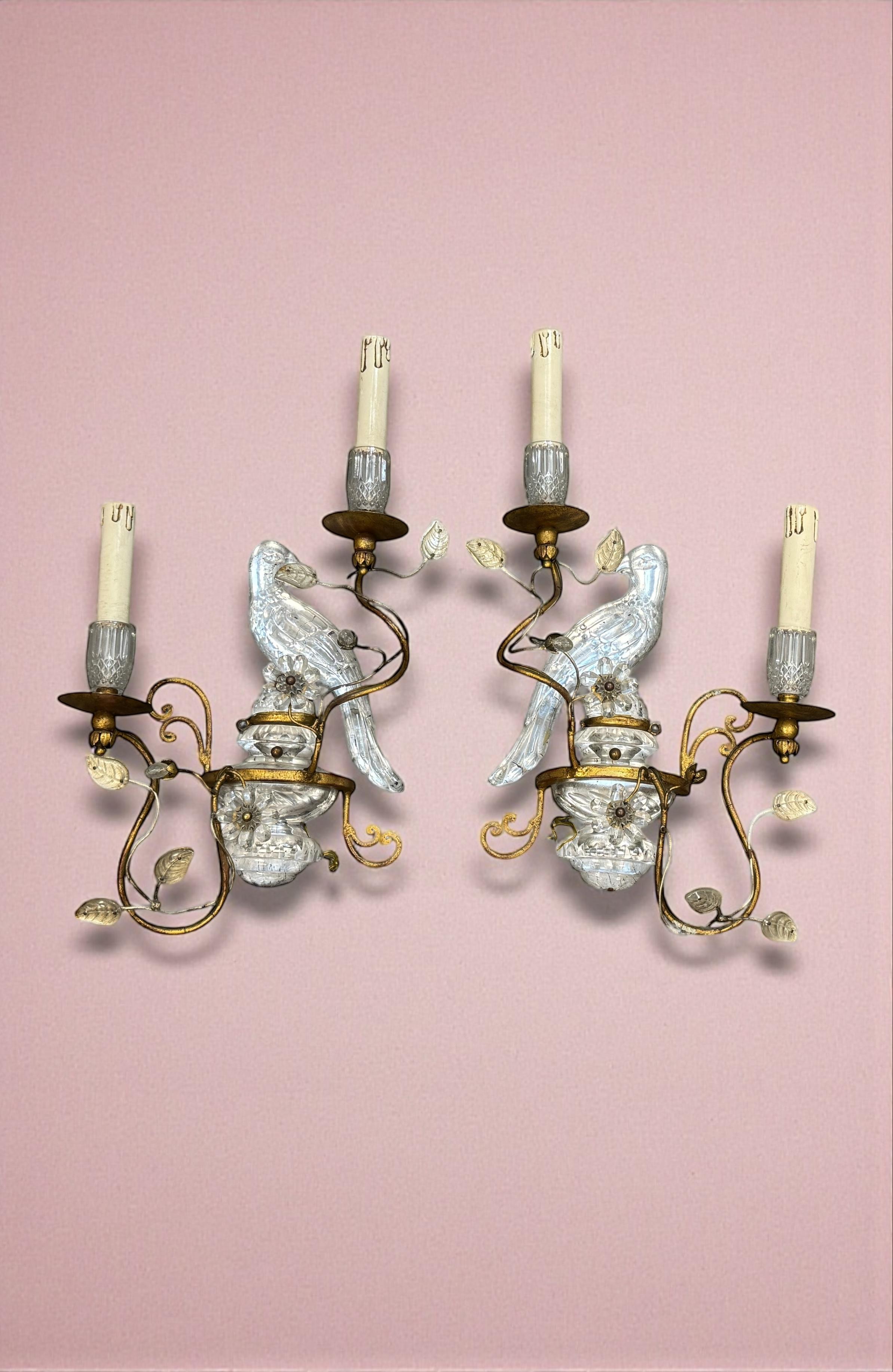 Coppia di magnifiche lampade a pappagallo francesi in ferro dorato e vetro della Maison Baguès in vendita 1