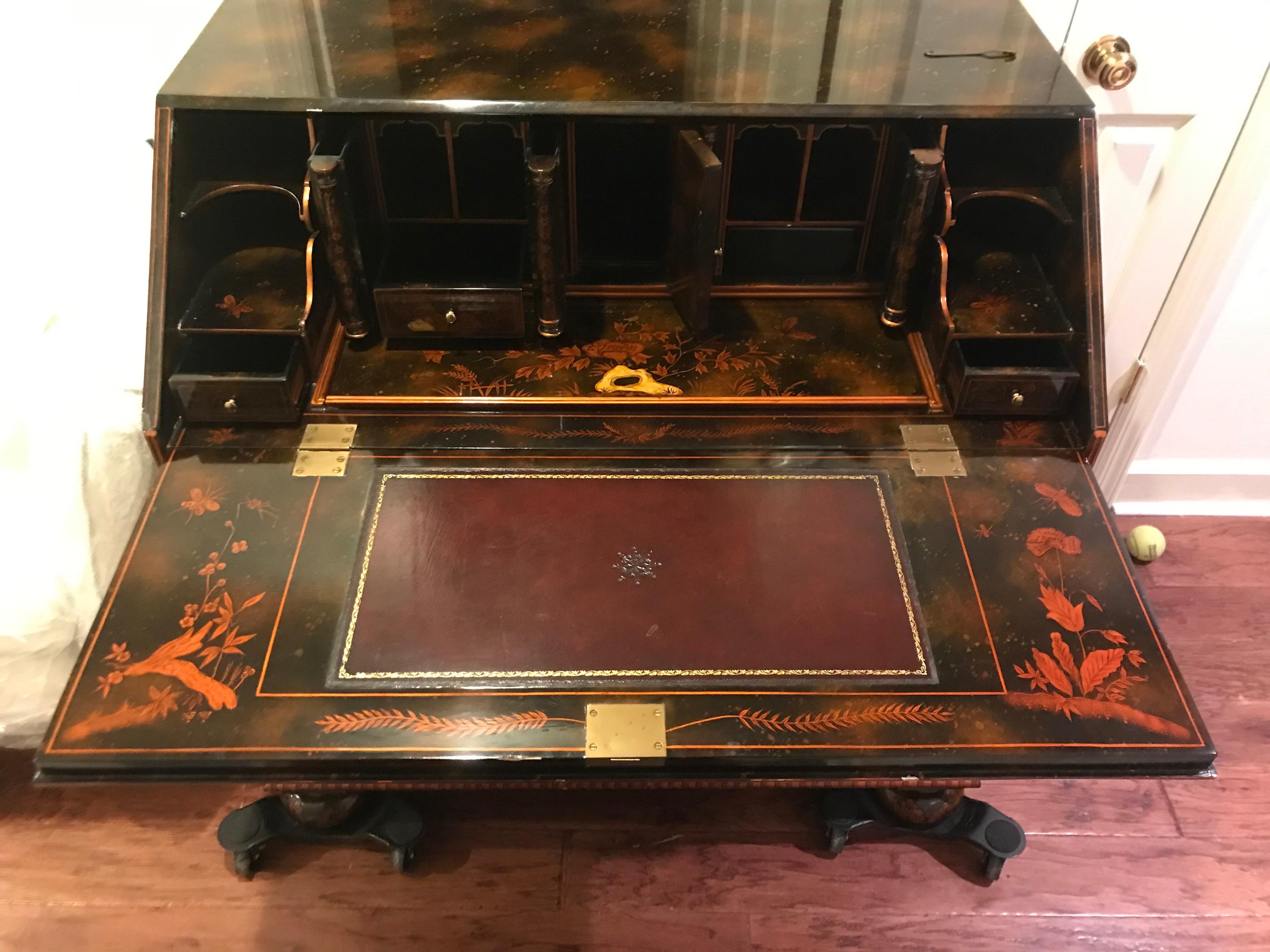 Magnificent Maitland Smith Chinoiserie Laquer and Raised Enamel Secretary Desk 11