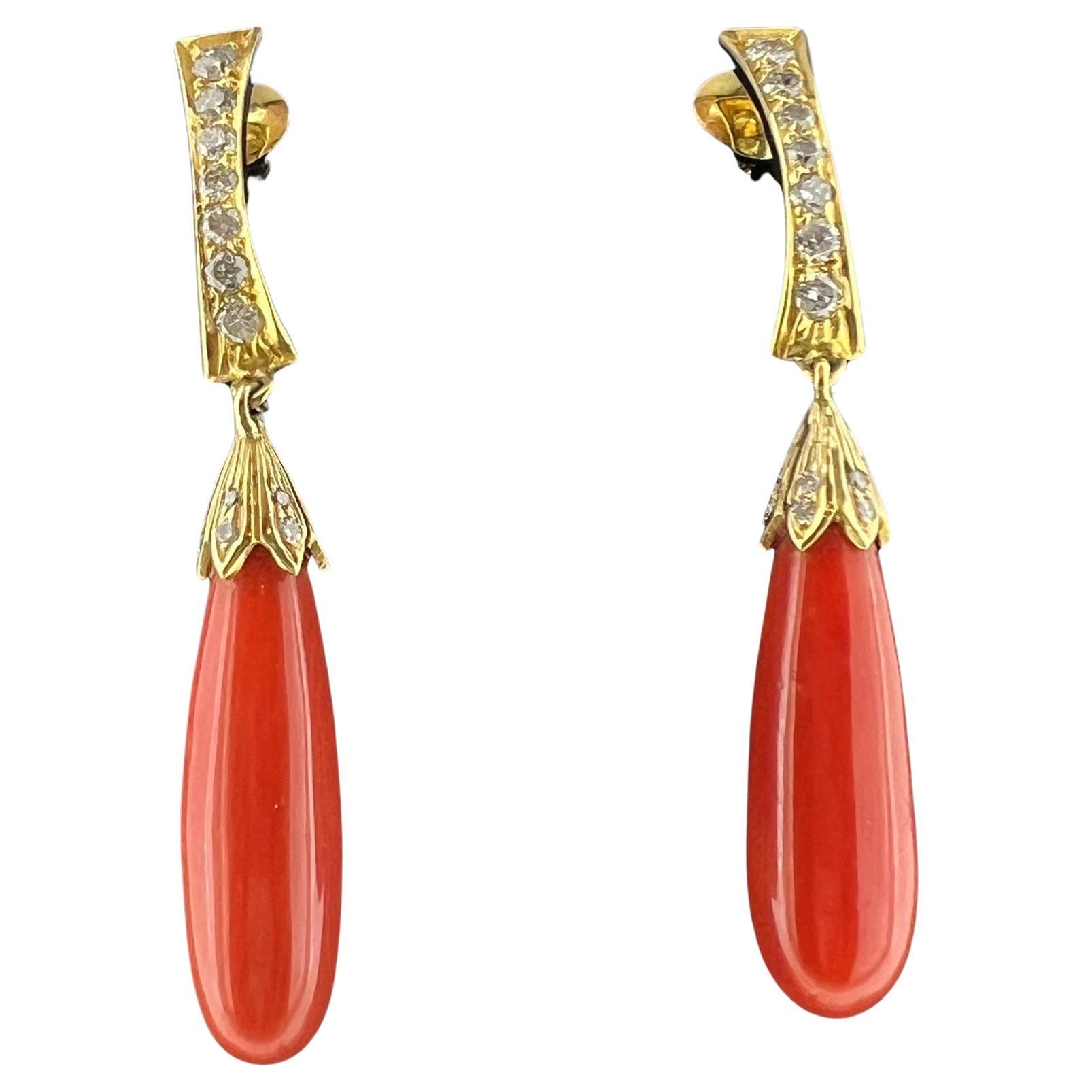 Magnificent Mediterranean Natural Coral, Diamond, 18K Gold Drop Clip on Earrings For Sale