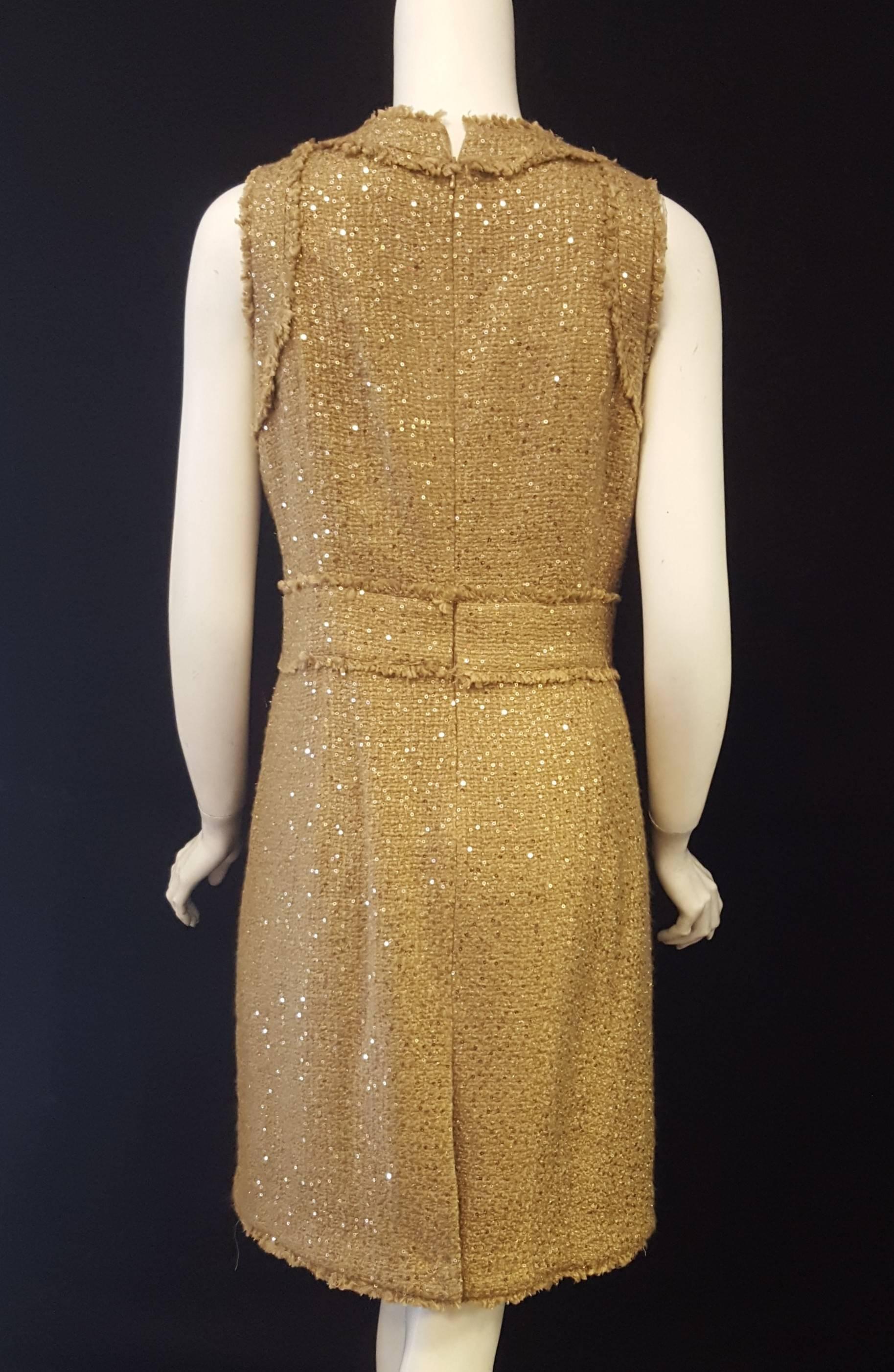 Brown Magnificent Michael Kors Tweed  Two Piece Dress Suit Rose Gold Tone Sequin  For Sale