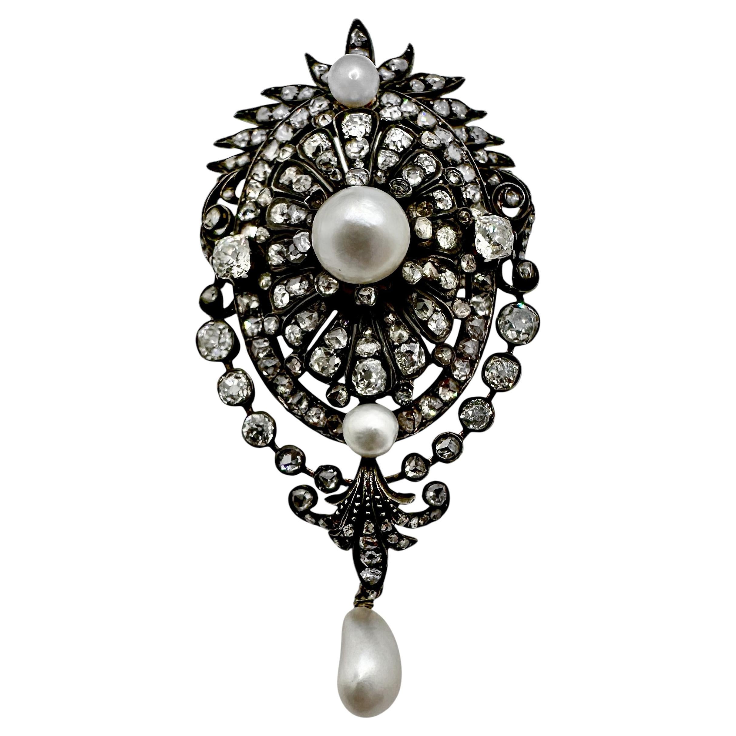 Magnificent Mid-19th Century Silver on Gold Natural Pearl and Diamond Pendant