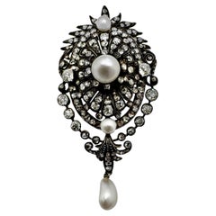 Magnificent Mid-19th Century Silver on Gold Natural Pearl and Diamond Pendant