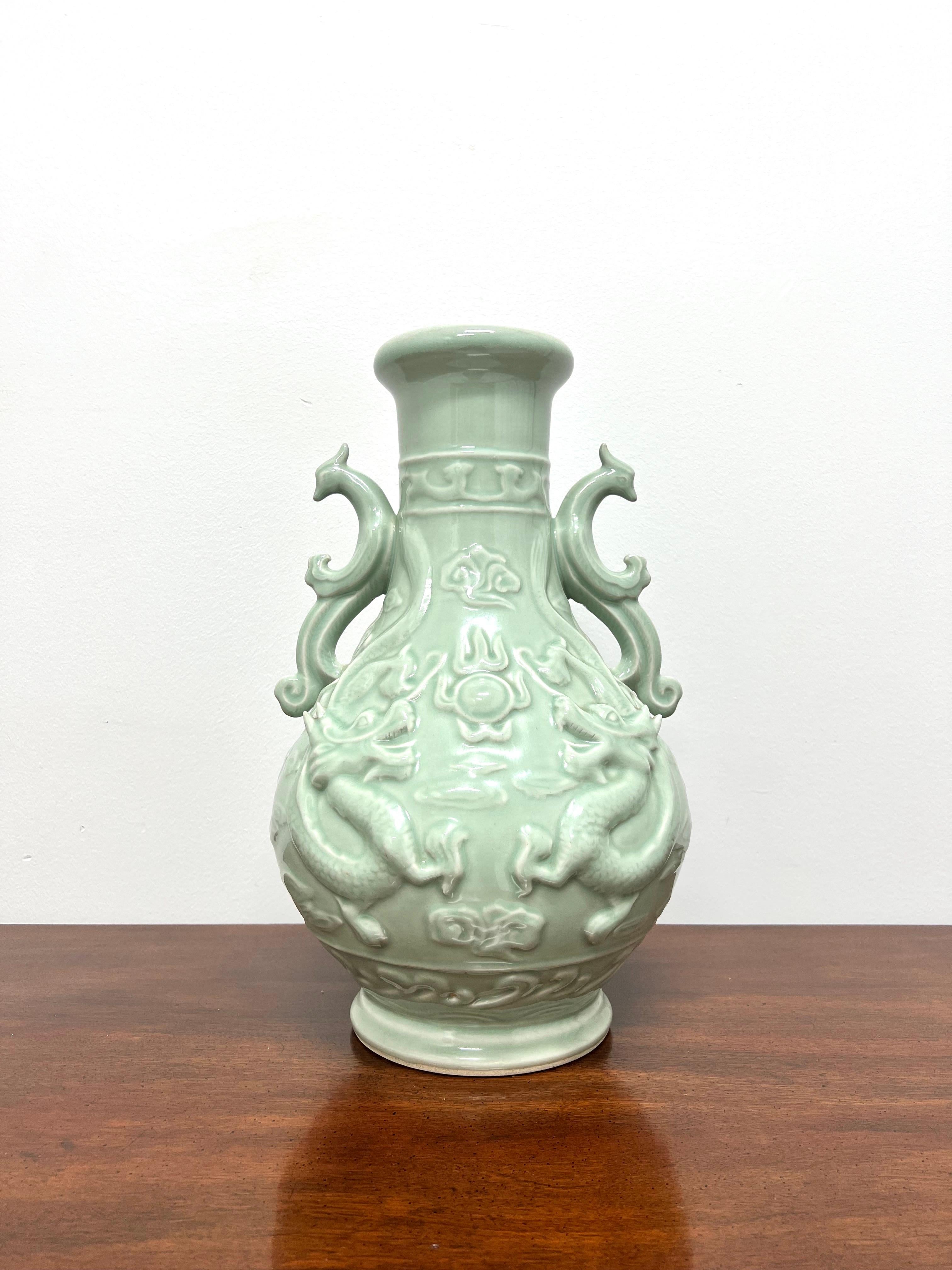 Magnificent Mid 20th Century Large Chinese Export Green Porcelain Dragon Urn For Sale 7