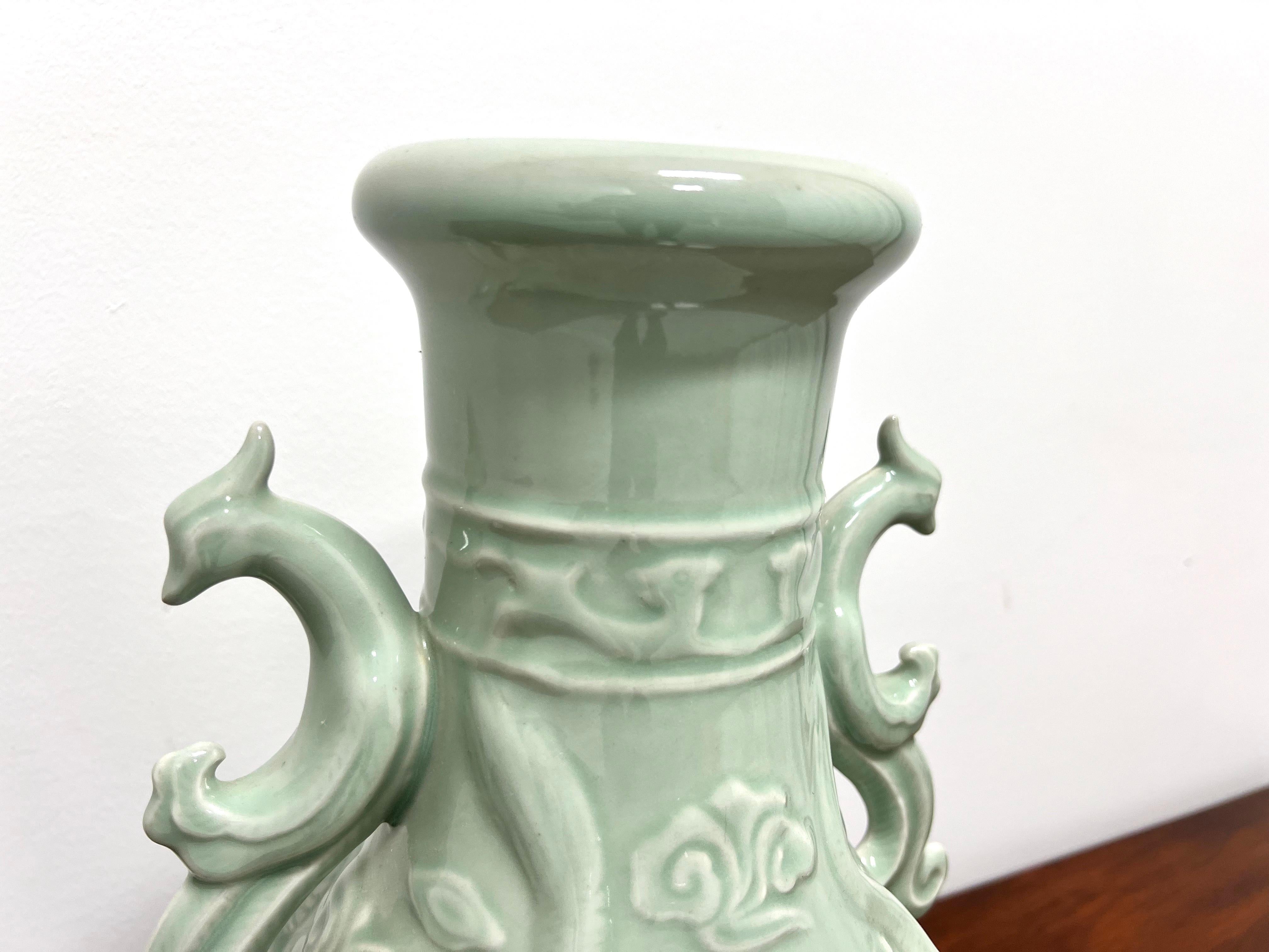 Magnificent Mid 20th Century Large Chinese Export Green Porcelain Dragon Urn For Sale 1